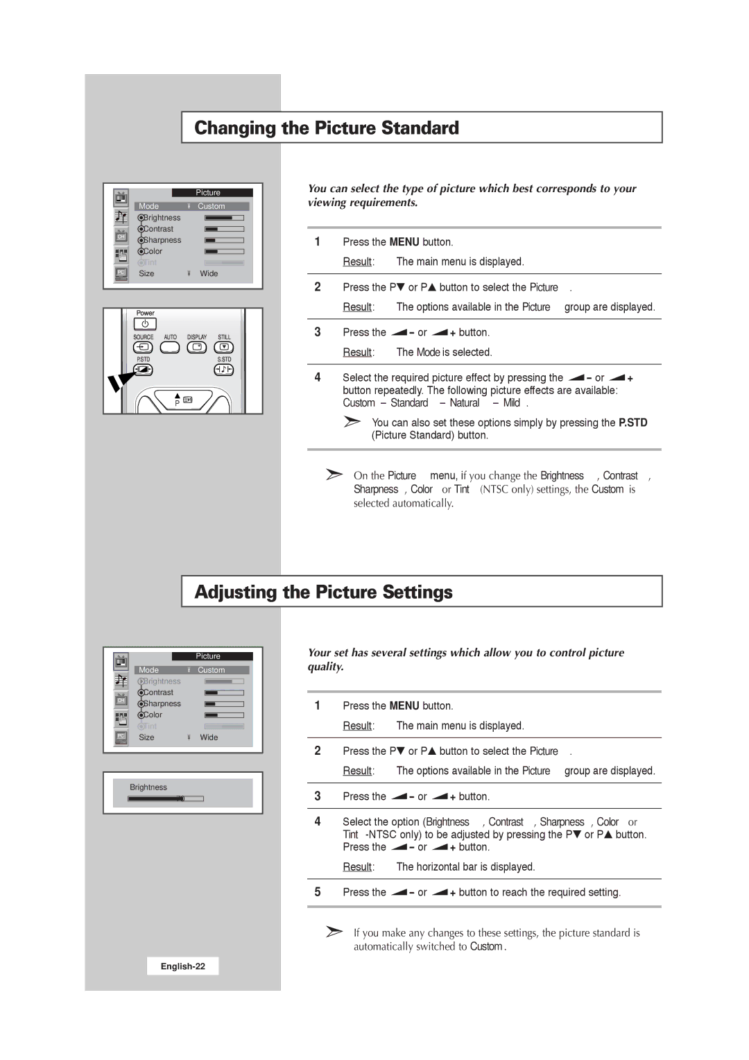 Samsung RS21ASSOW/EDC, 211MP Changing the Picture Standard, Adjusting the Picture Settings, Custom Standard Natural Mild 