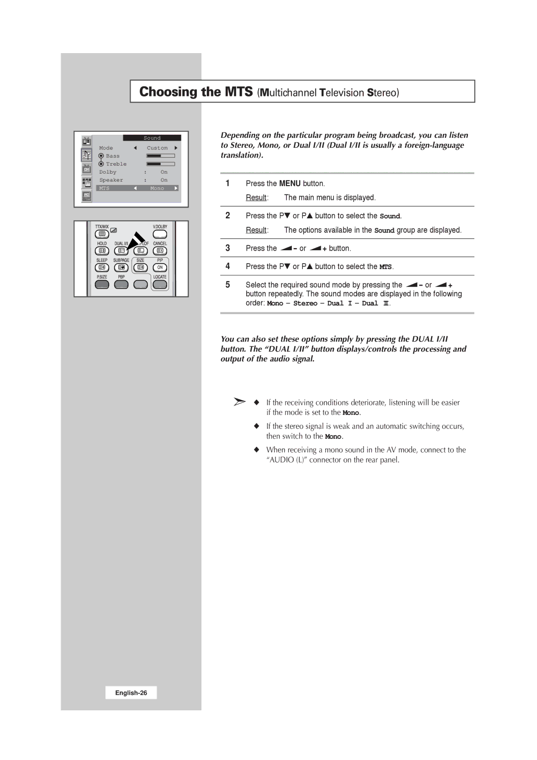 Samsung RS21ASSOW/EDC, RS21ASSSW/EDC, 211MP, RS21ASSOW/ILC manual Choosing the MTS Multichannel Television Stereo 