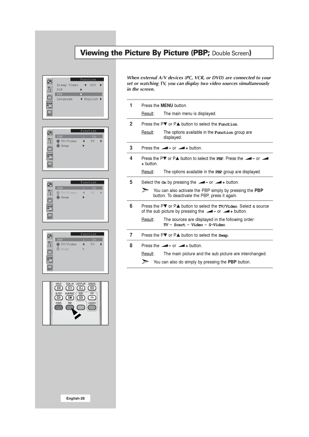 Samsung RS21ASSSW/EDC, 211MP, RS21ASSOW/EDC, RS21ASSOW/ILC manual Viewing the Picture By Picture PBP Double Screen 