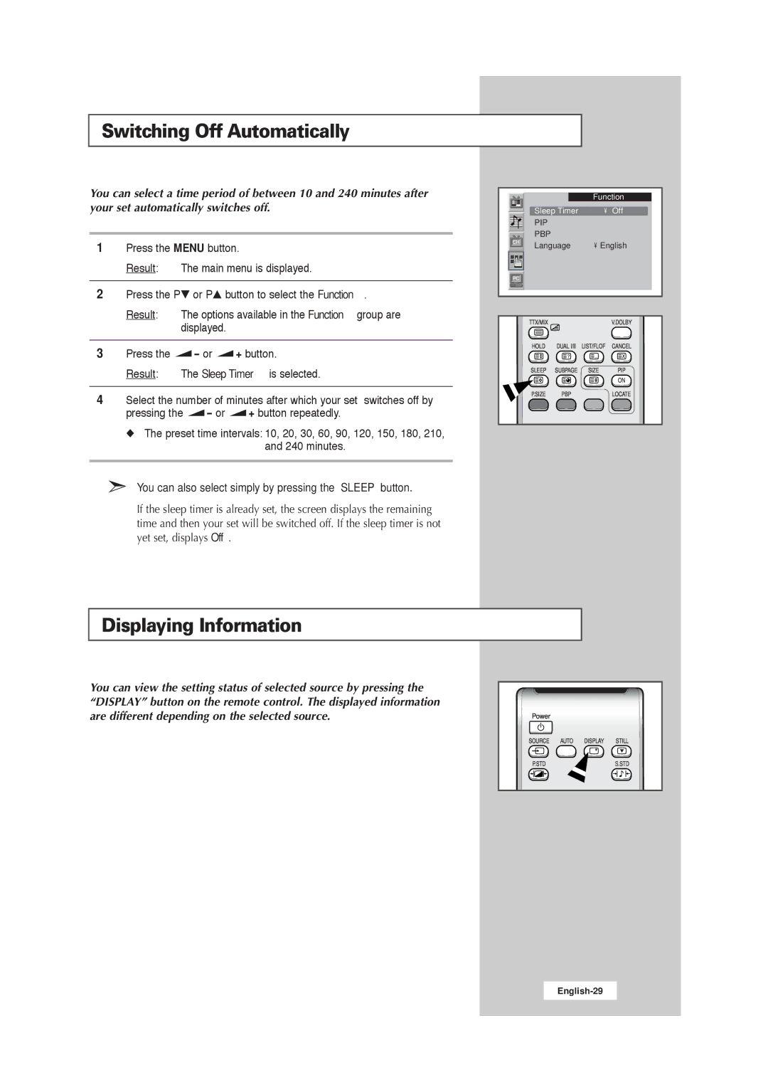 Samsung 211MP, RS21ASSSW/EDC, RS21ASSOW/EDC, RS21ASSOW/ILC manual Switching Off Automatically, Displaying Information 