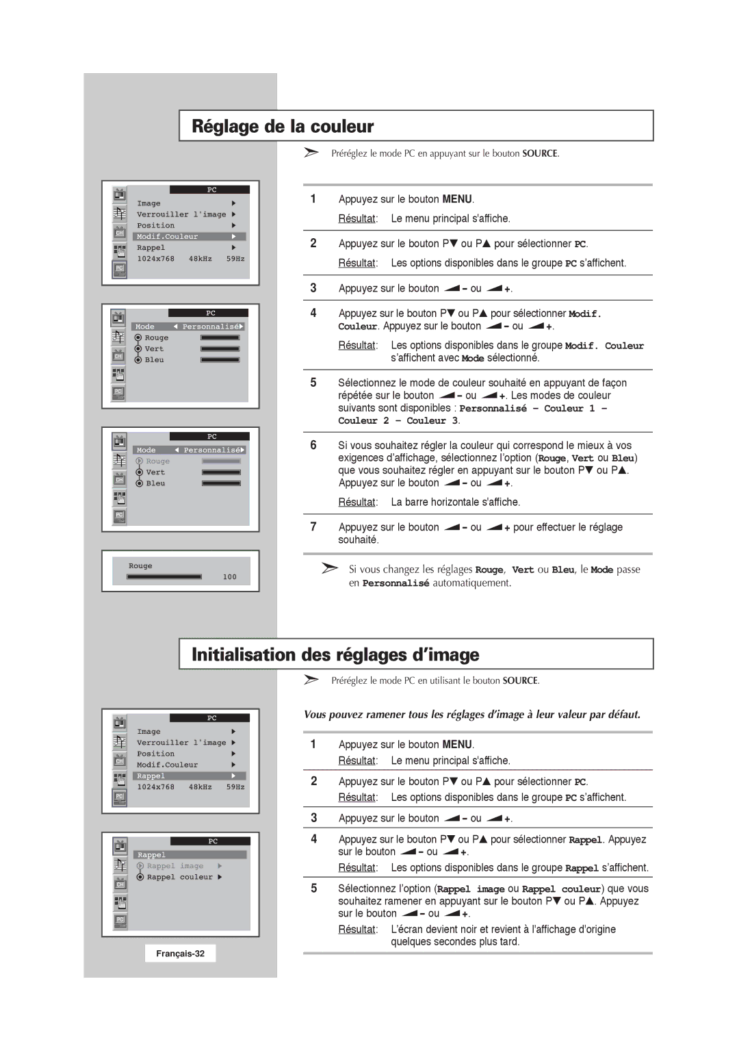 Samsung RS21ASSSW/EDC manual Réglage de la couleur, Initialisation des réglages d’image 