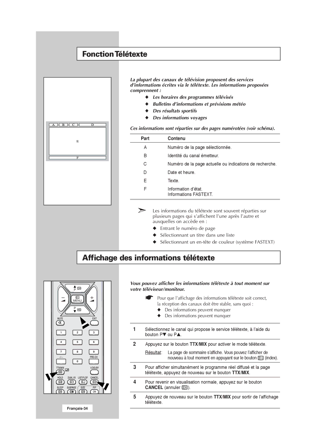 Samsung RS21ASSSW/EDC manual FonctionTélétexte, Affichage des informations télétexte, Contenu 