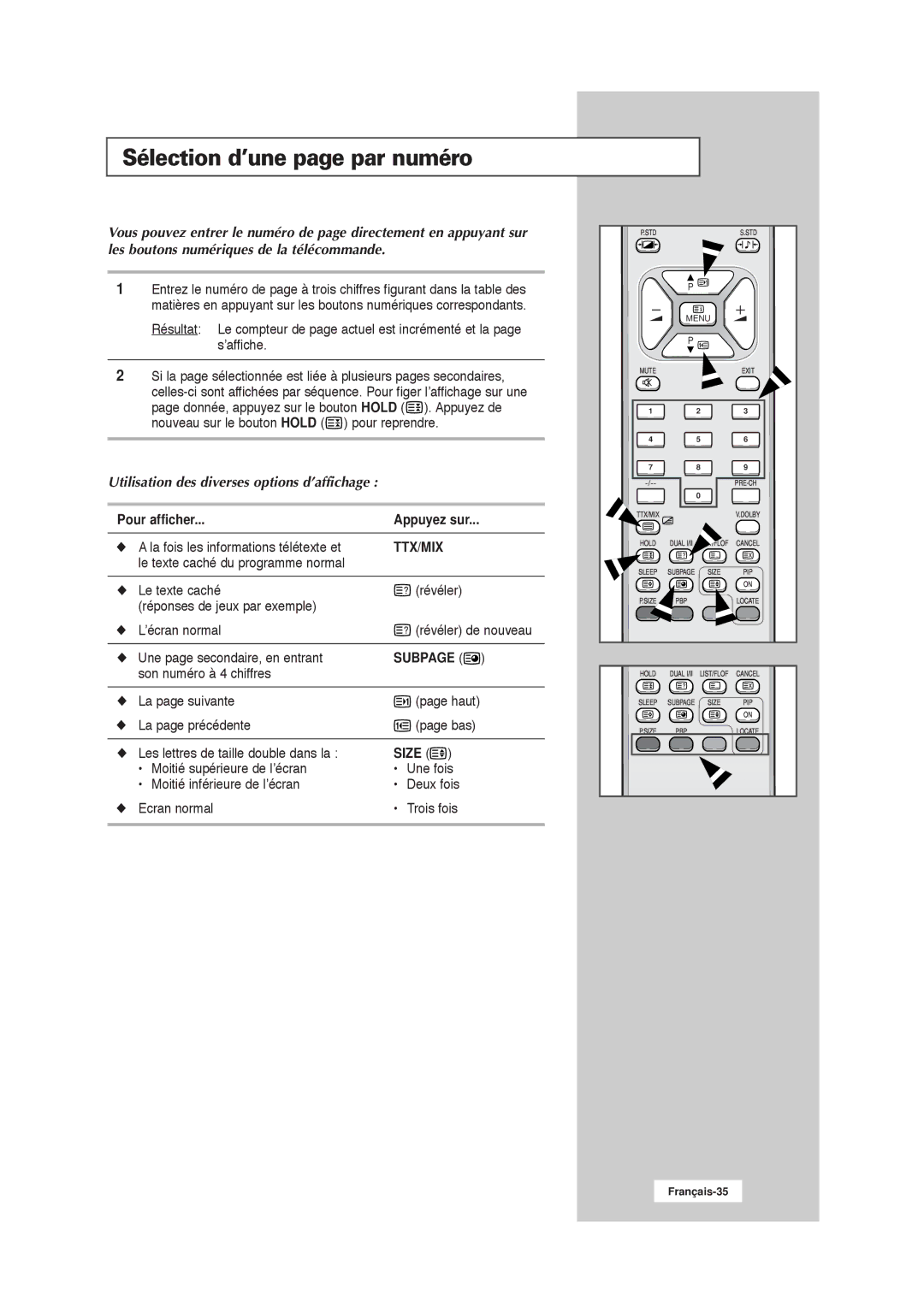 Samsung RS21ASSSW/EDC manual Sélection d’une page par numéro, Pour afficher Appuyez sur 