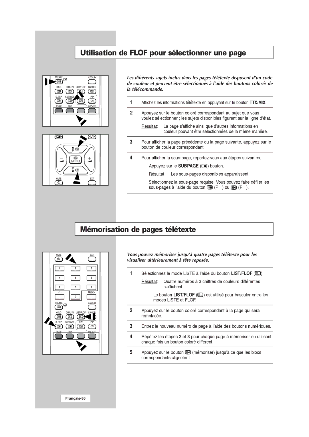 Samsung RS21ASSSW/EDC manual Utilisation de Flof pour sélectionner une, Mémorisation de pages télétexte 