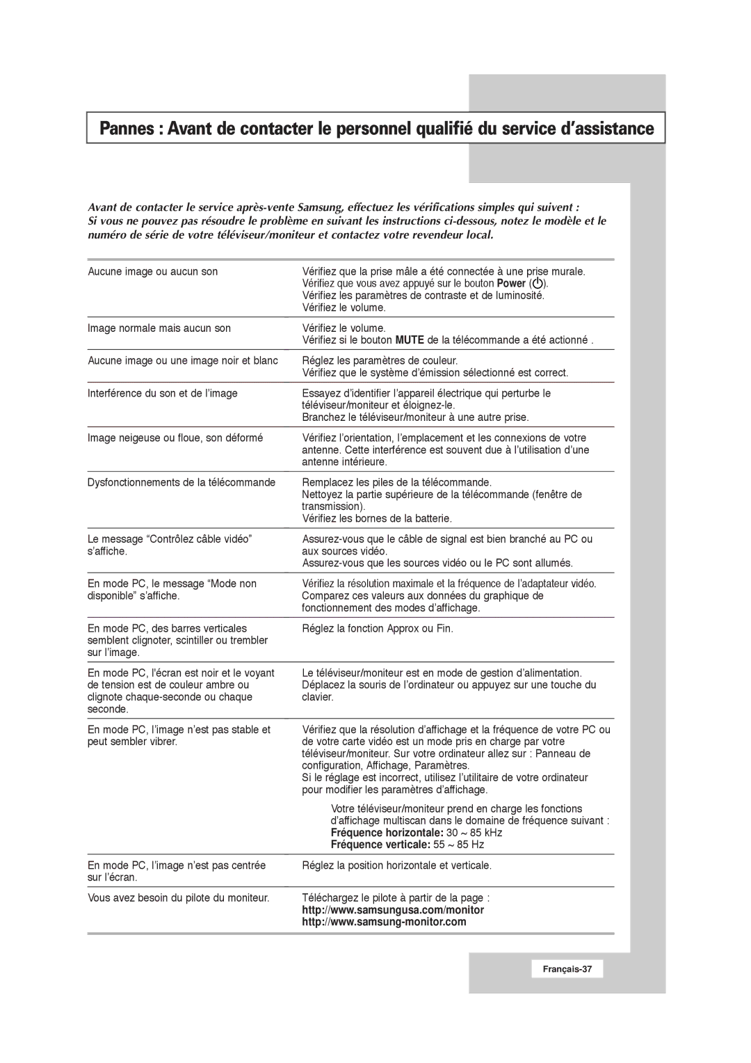 Samsung RS21ASSSW/EDC manual Image normale mais aucun son Vérifiez le volume, Fréquence verticale 55 ~ 85 Hz 