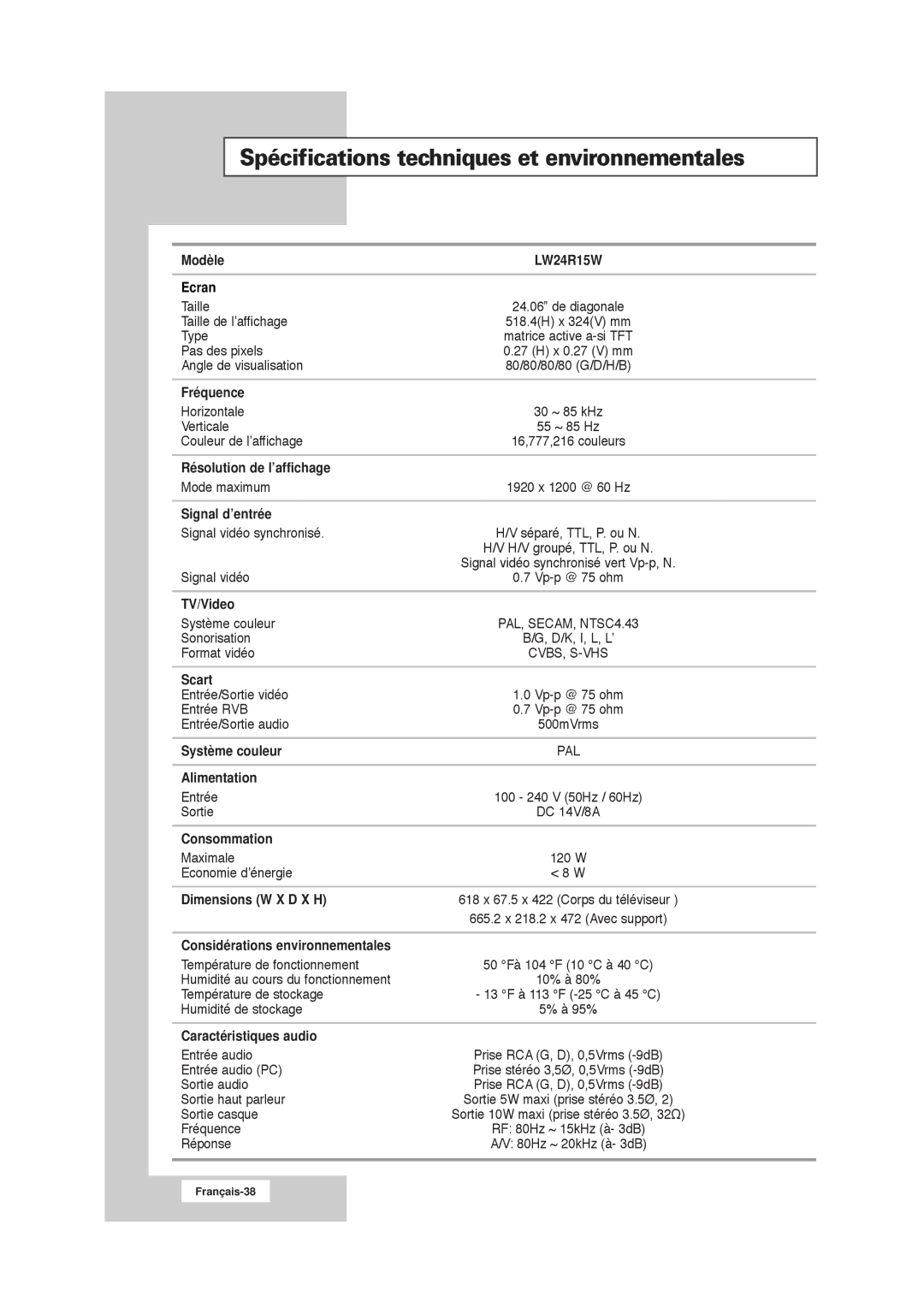 Samsung RS21ASSSW/EDC manual Spécifications techniques et environnementales 