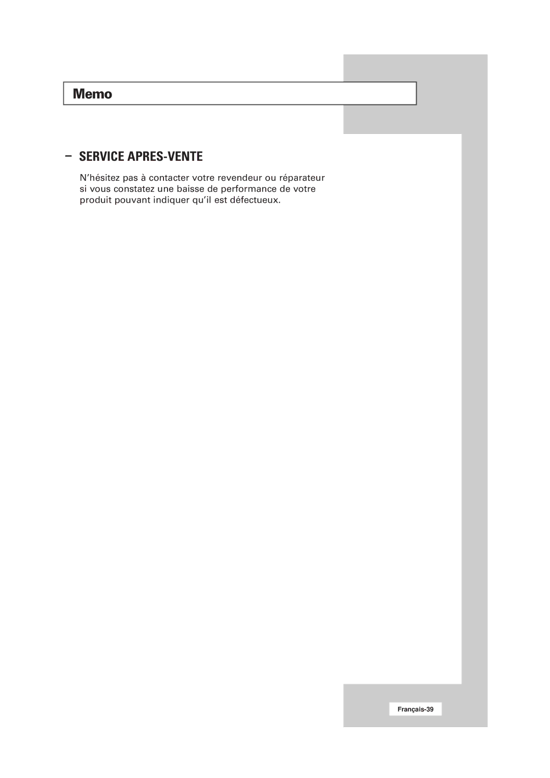 Samsung RS21ASSSW/EDC manual Memo, Service APRES-VENTE 