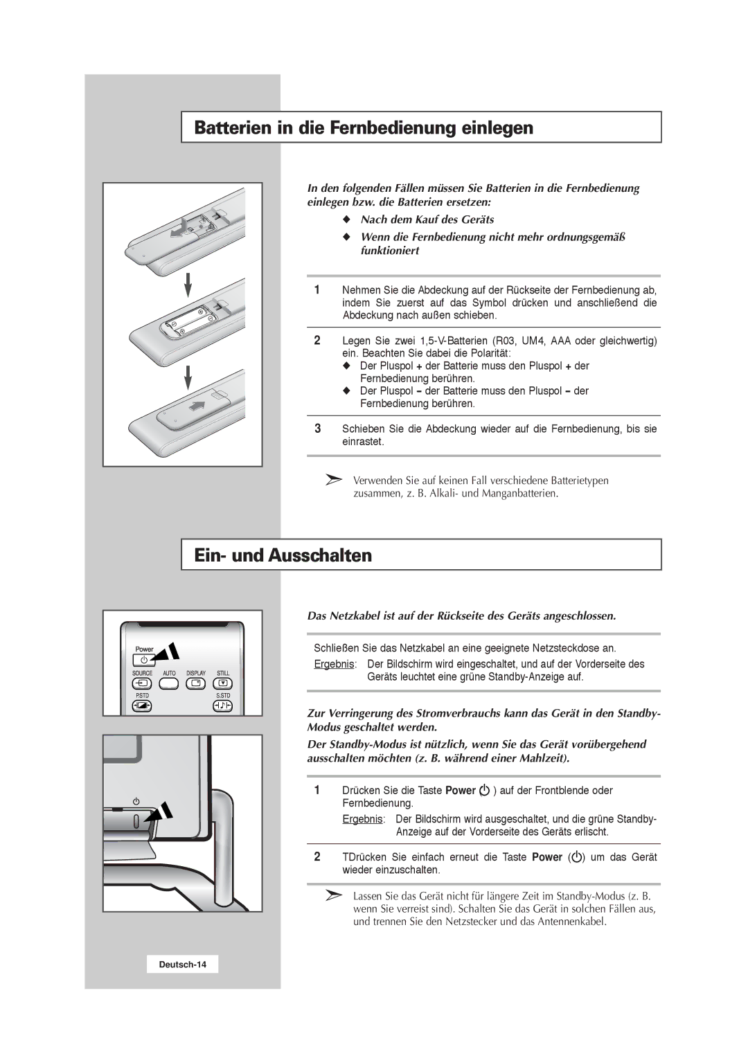 Samsung RS21ASSSW/EDC manual Batterien in die Fernbedienung einlegen, Ein- und Ausschalten 