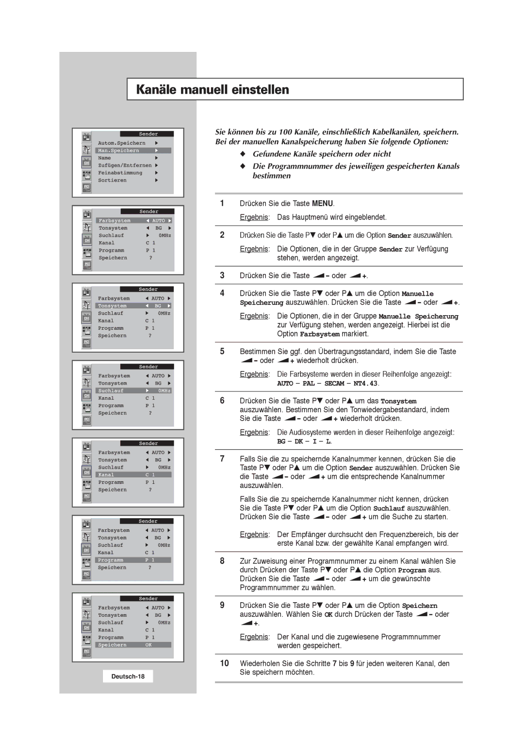 Samsung RS21ASSSW/EDC manual Kanäle manuell einstellen, Auto PAL Secam NT4.43, Bg Dk I L 