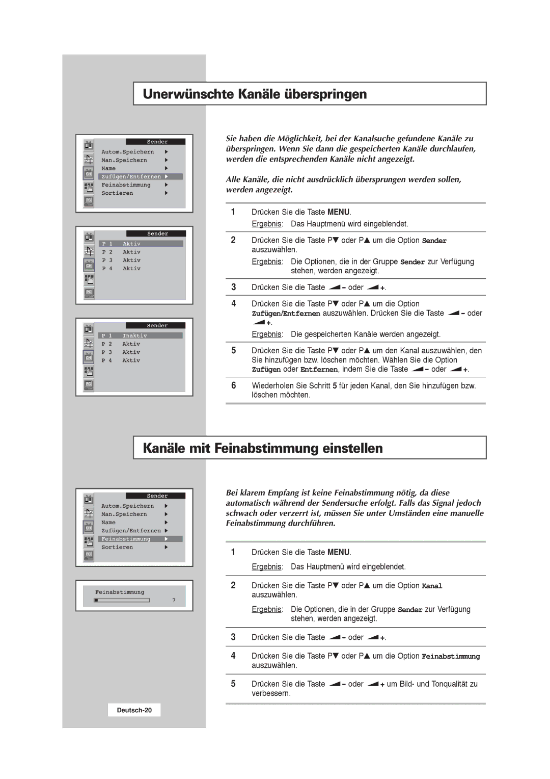 Samsung RS21ASSSW/EDC manual Unerwünschte Kanäle überspringen, Kanäle mit Feinabstimmung einstellen 