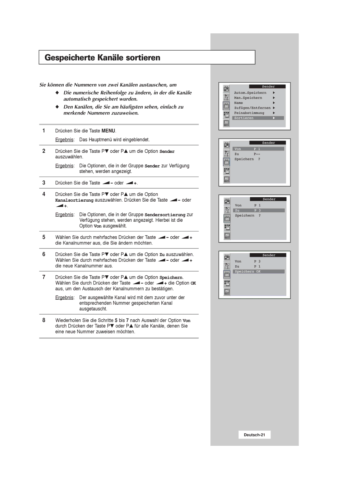 Samsung RS21ASSSW/EDC manual Gespeicherte Kanäle sortieren 