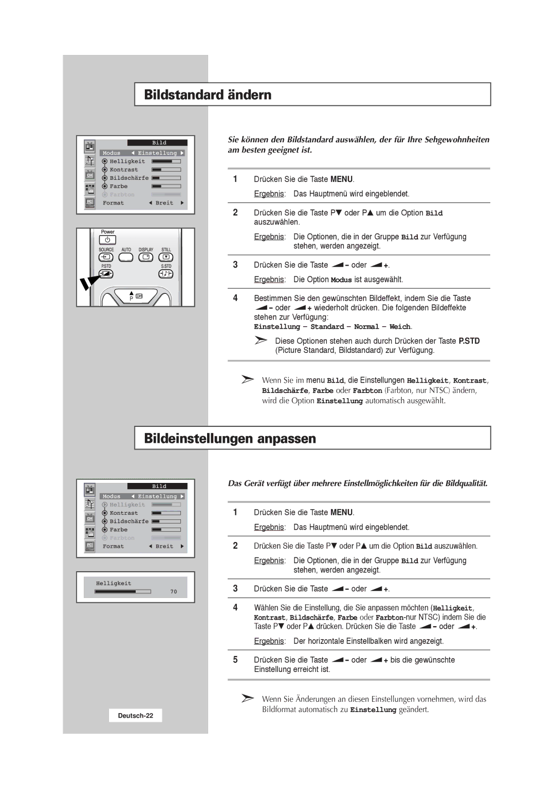 Samsung RS21ASSSW/EDC manual Bildstandard ändern, Bildeinstellungen anpassen, Einstellung Standard Normal Weich 