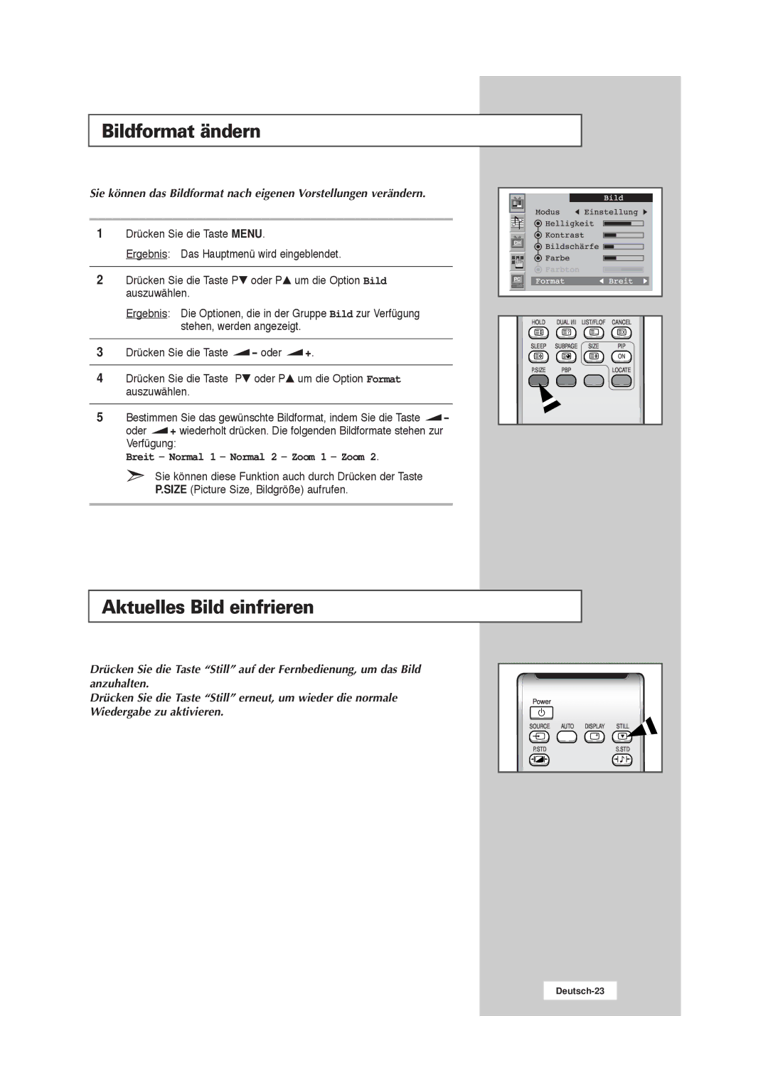 Samsung RS21ASSSW/EDC manual Bildformat ändern, Aktuelles Bild einfrieren, Breit Normal 1 Normal 2 Zoom 1 Zoom 