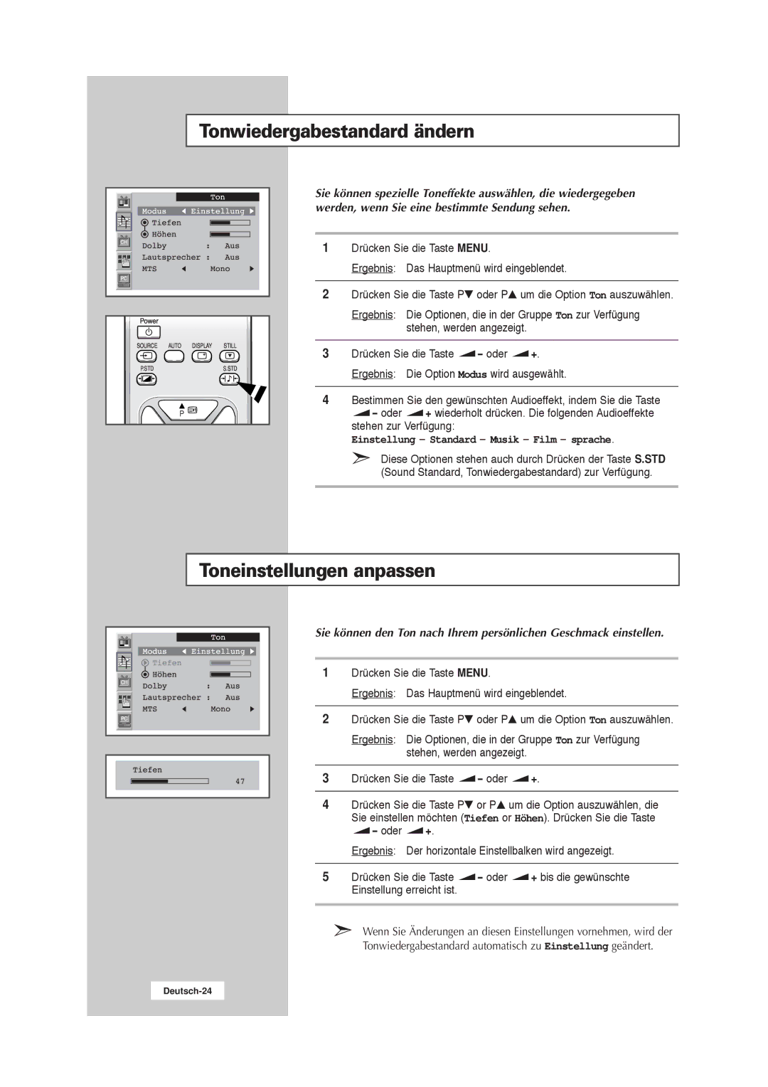 Samsung RS21ASSSW/EDC Tonwiedergabestandard ändern, Toneinstellungen anpassen, Einstellung Standard Musik Film sprache 