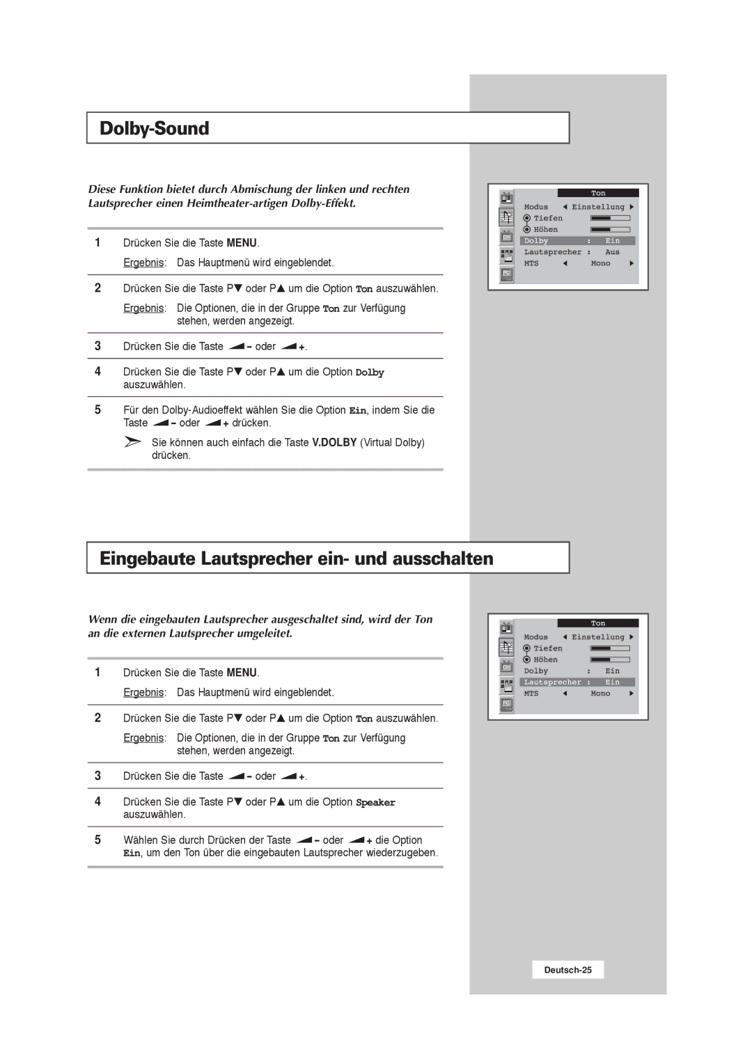 Samsung RS21ASSSW/EDC manual Dolby-Sound, Eingebaute Lautsprecher ein- und ausschalten 