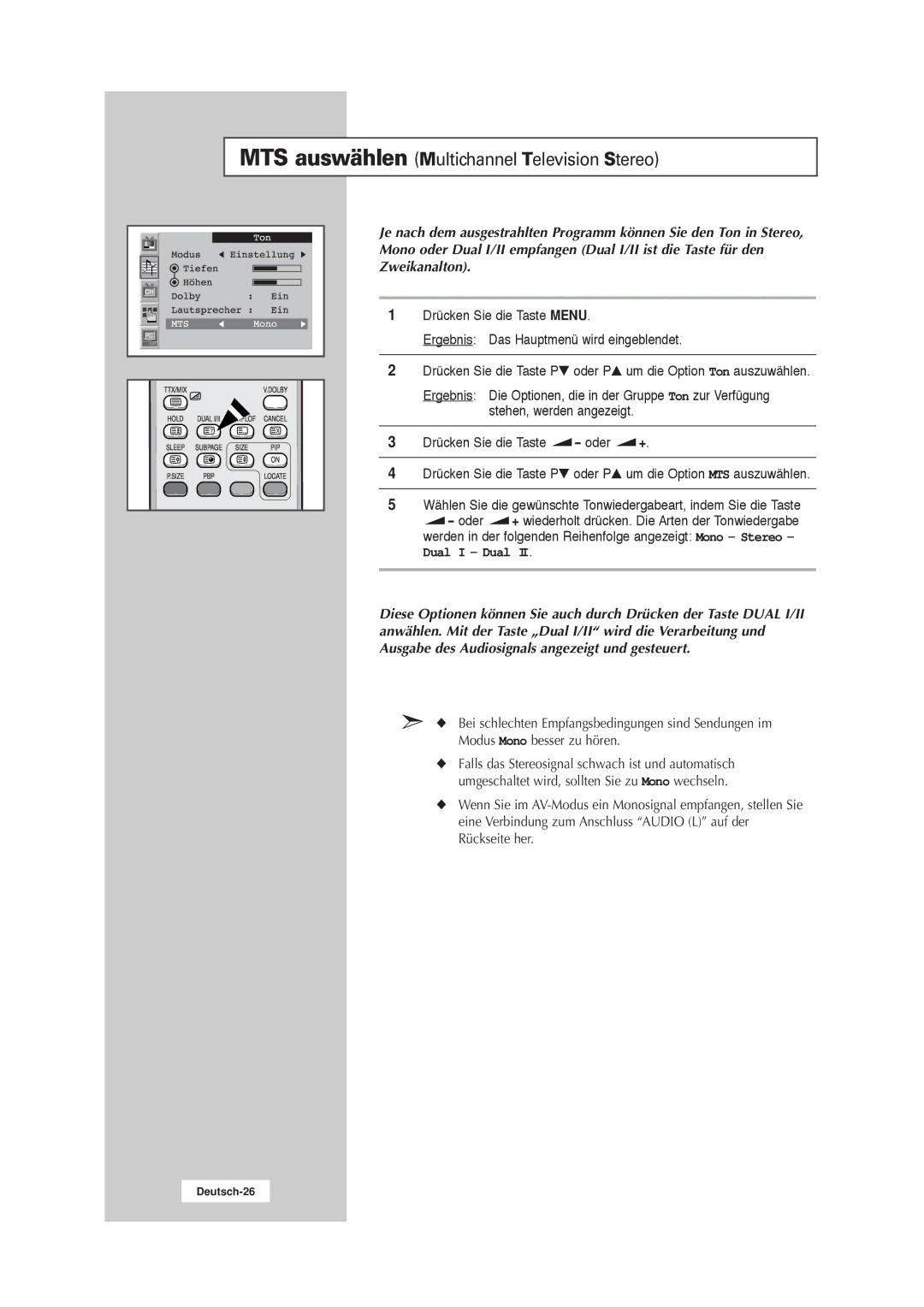 Samsung RS21ASSSW/EDC manual MTS auswählen Multichannel Television Stereo, Dual I Dual 