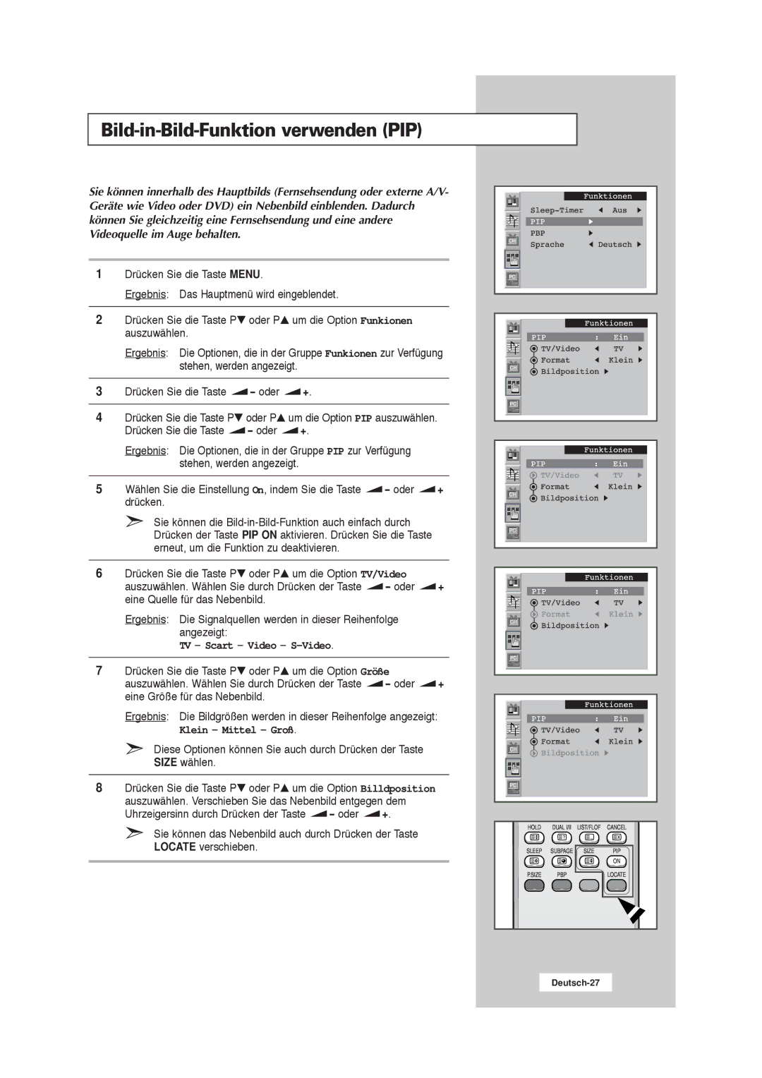 Samsung RS21ASSSW/EDC manual Bild-in-Bild-Funktion verwenden PIP, TV Scart Video S-Video, Locate verschieben 