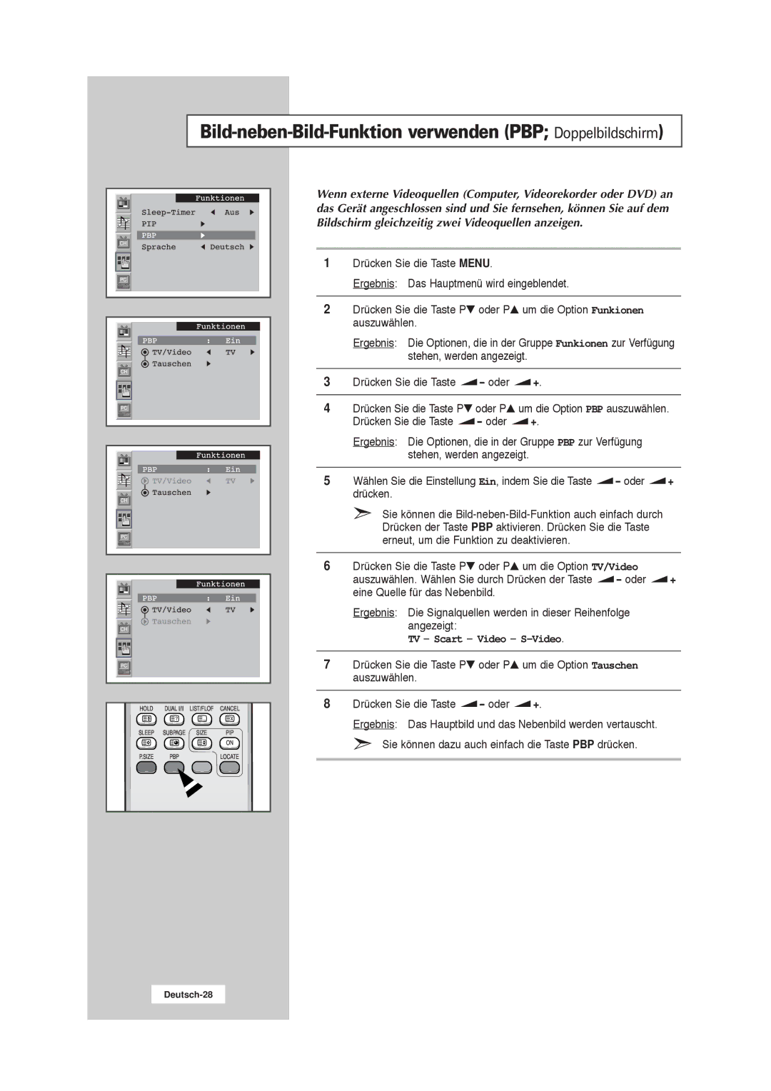 Samsung RS21ASSSW/EDC manual Bild-neben-Bild-Funktion verwenden PBP Doppelbildschirm 