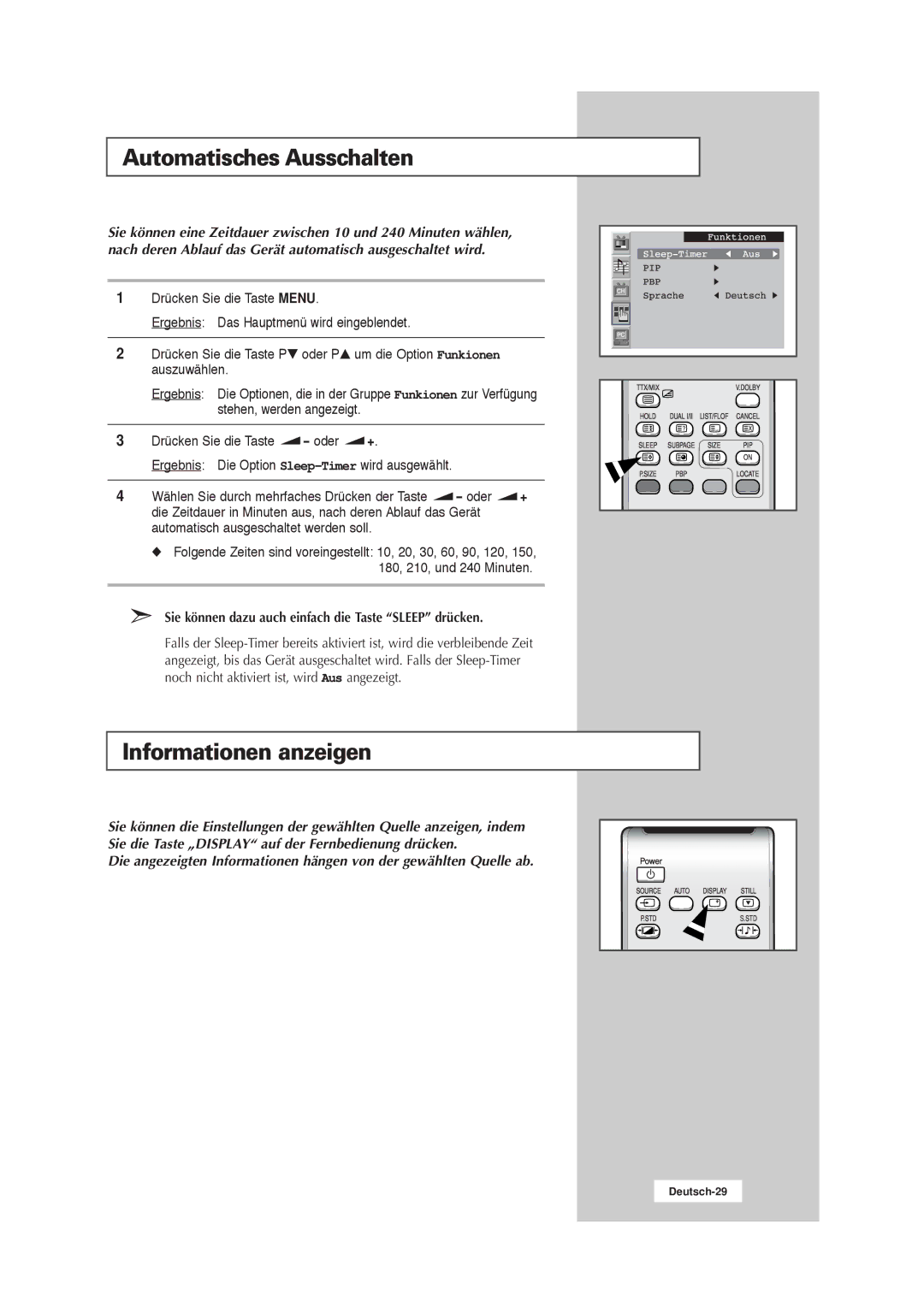 Samsung RS21ASSSW/EDC manual Automatisches Ausschalten, Informationen anzeigen 