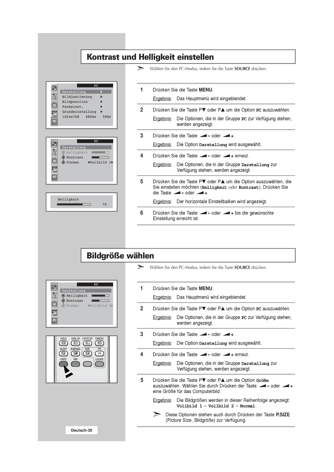 Samsung RS21ASSSW/EDC manual Kontrast und Helligkeit einstellen, Bildgröße wählen, Vollbild 1 Vollbild 2 Normal 