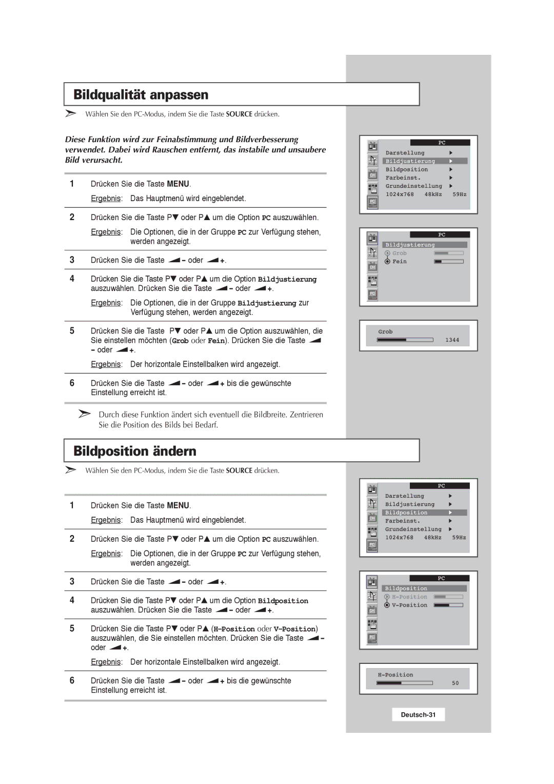 Samsung RS21ASSSW/EDC manual Bildqualität anpassen, Bildposition ändern 