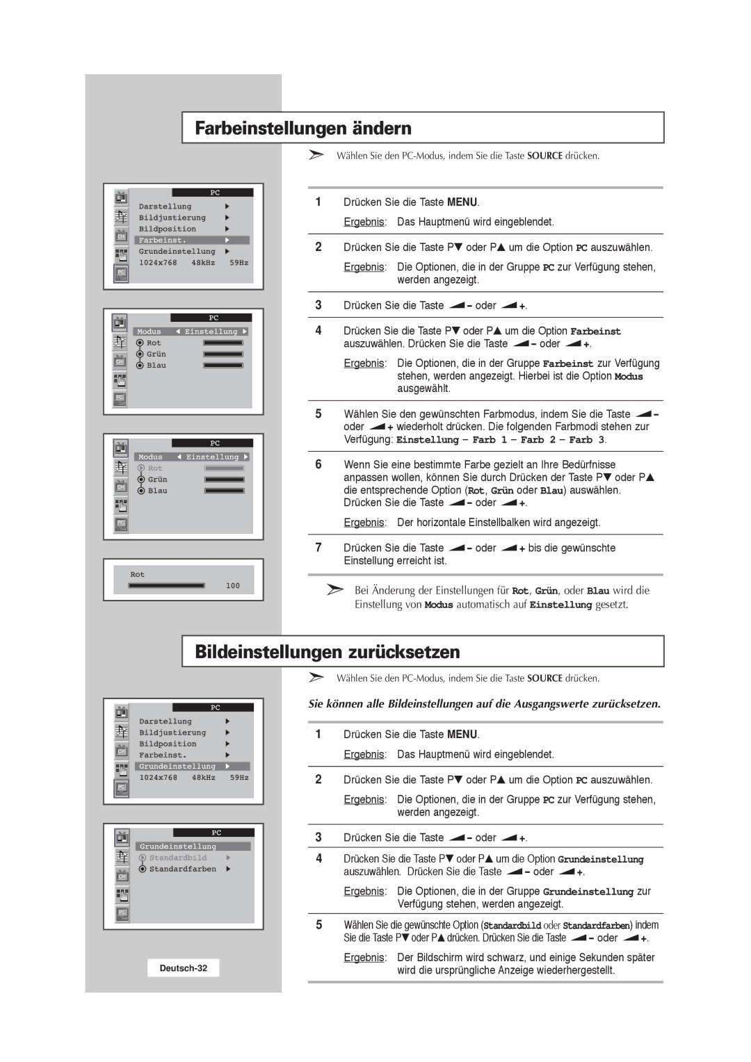 Samsung RS21ASSSW/EDC Farbeinstellungen ändern, Bildeinstellungen zurücksetzen, Verfügung Einstellung Farb 1 Farb 2 Farb 