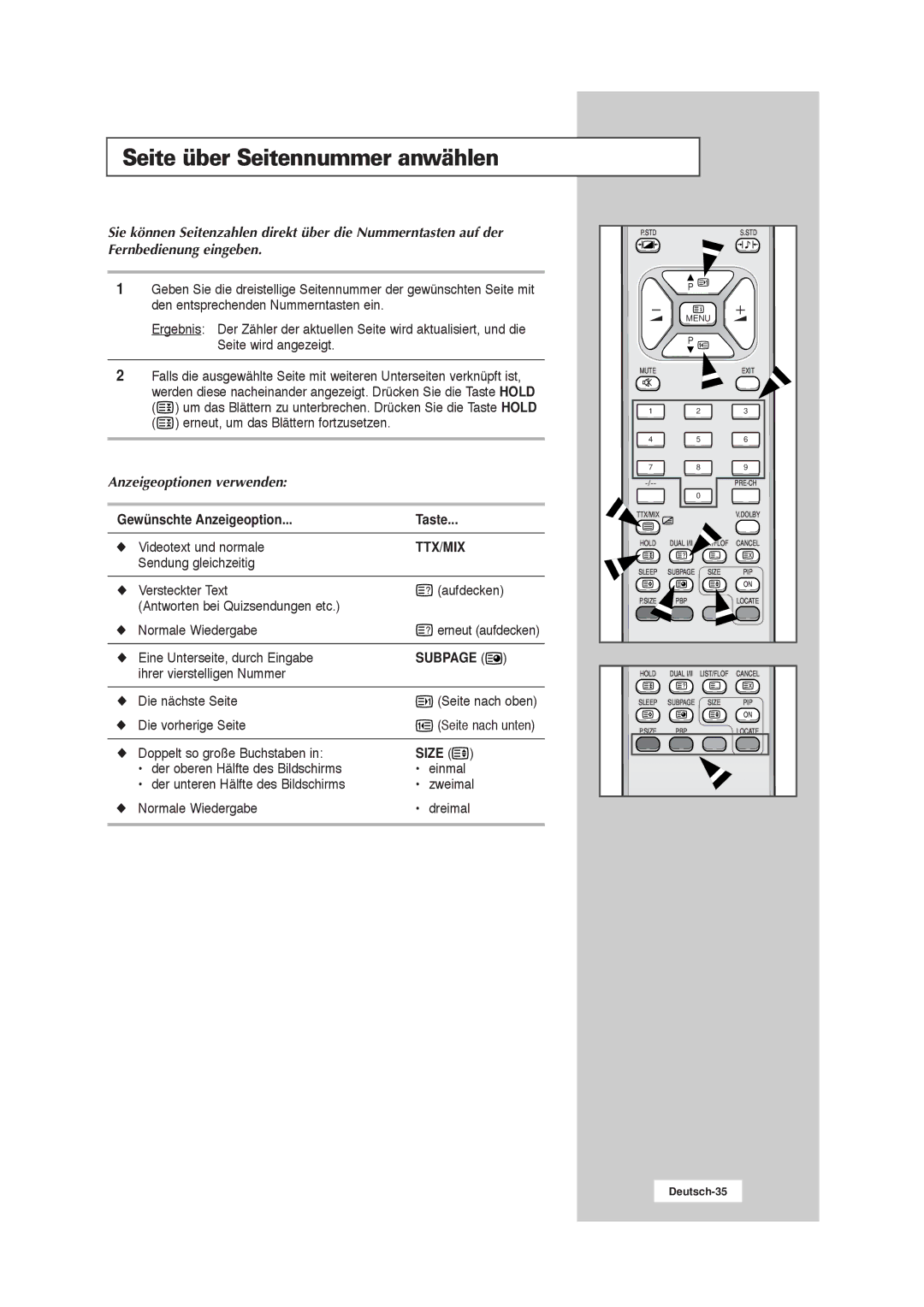 Samsung RS21ASSSW/EDC manual Seite über Seitennummer anwählen, Gewünschte Anzeigeoption Taste 