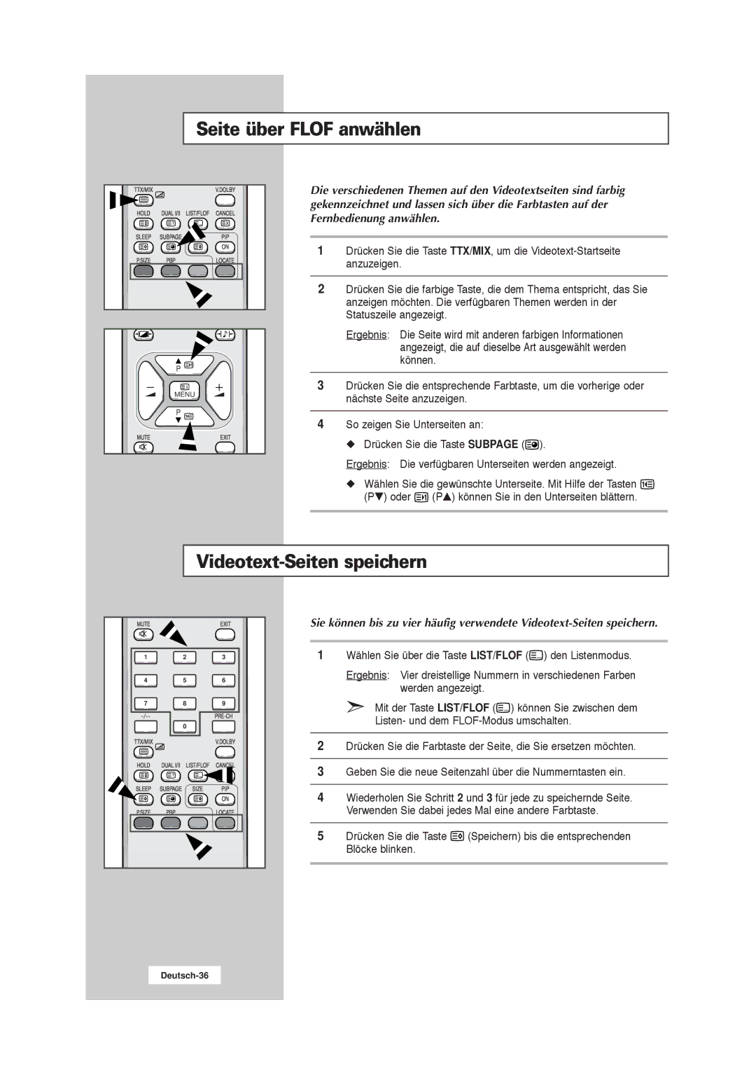 Samsung RS21ASSSW/EDC manual Seite über Flof anwählen, Videotext-Seiten speichern 