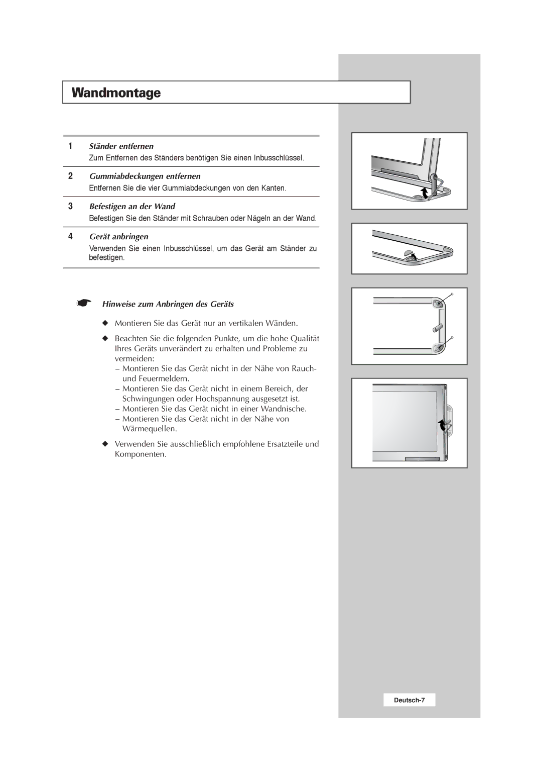 Samsung RS21ASSSW/EDC manual Wandmontage, Entfernen Sie die vier Gummiabdeckungen von den Kanten 