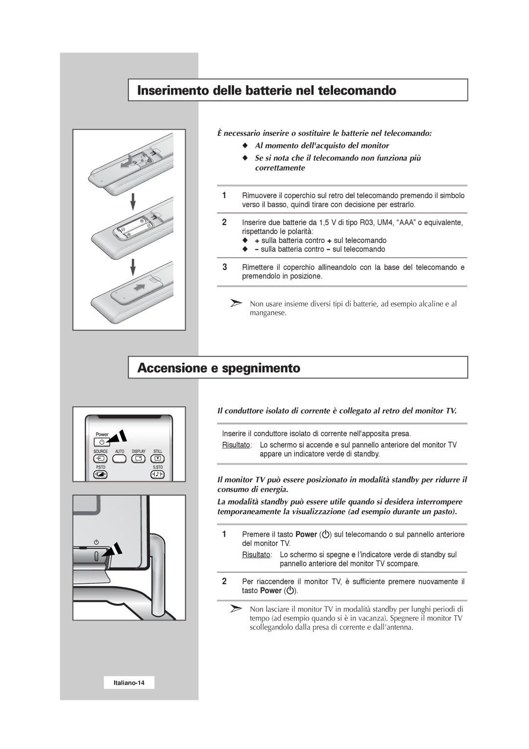 Samsung RS21ASSSW/EDC manual Inserimento delle batterie nel telecomando, Accensione e spegnimento 