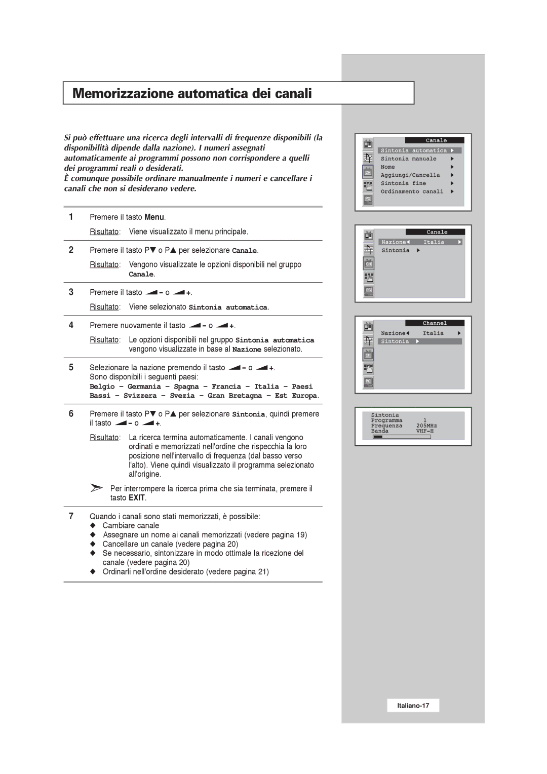 Samsung RS21ASSSW/EDC manual Memorizzazione automatica dei canali, Canale 