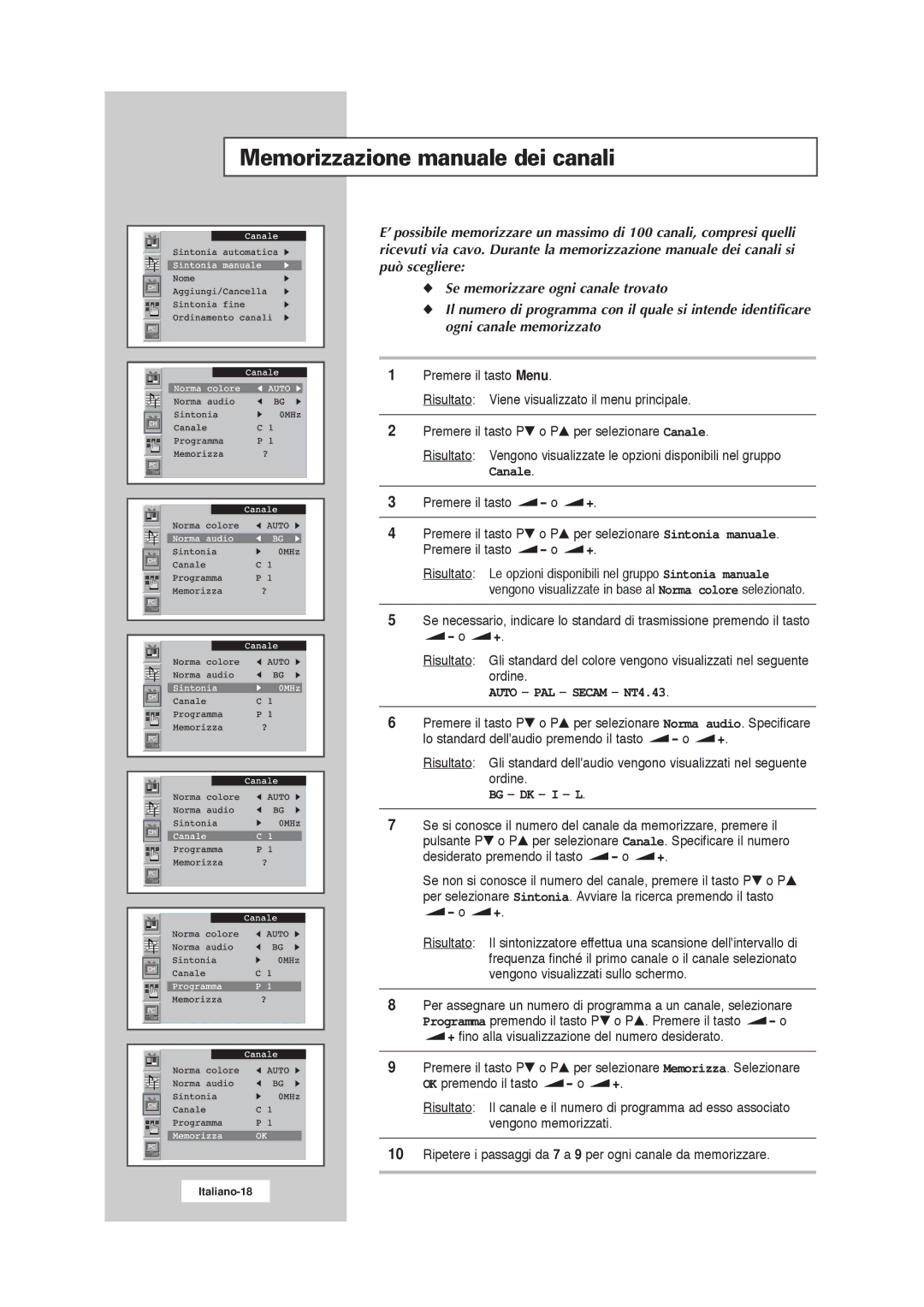 Samsung RS21ASSSW/EDC Memorizzazione manuale dei canali, Auto PAL Secam NT4.43, Bg Dk I L 