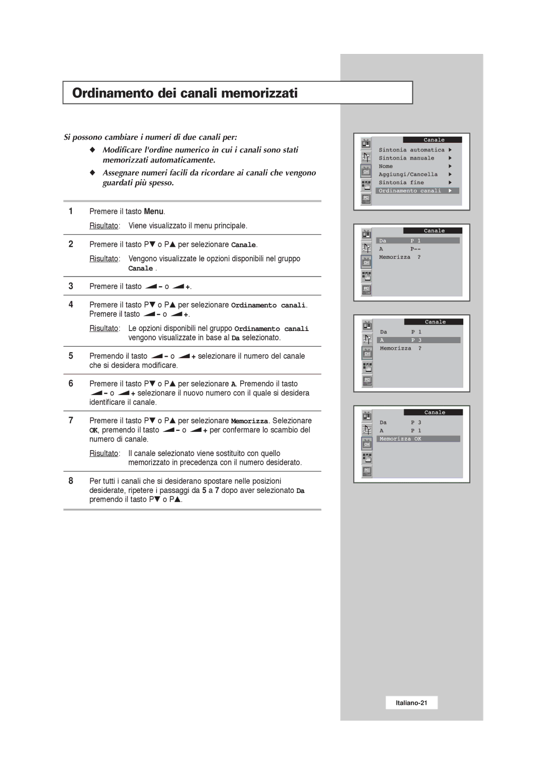 Samsung RS21ASSSW/EDC manual Ordinamento dei canali memorizzati 