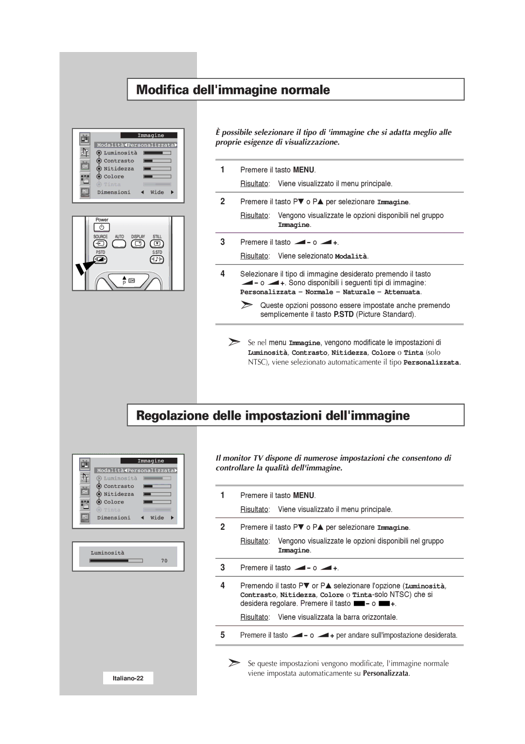 Samsung RS21ASSSW/EDC manual Modifica dellimmagine normale, Regolazione delle impostazioni dellimmagine, Immagine 