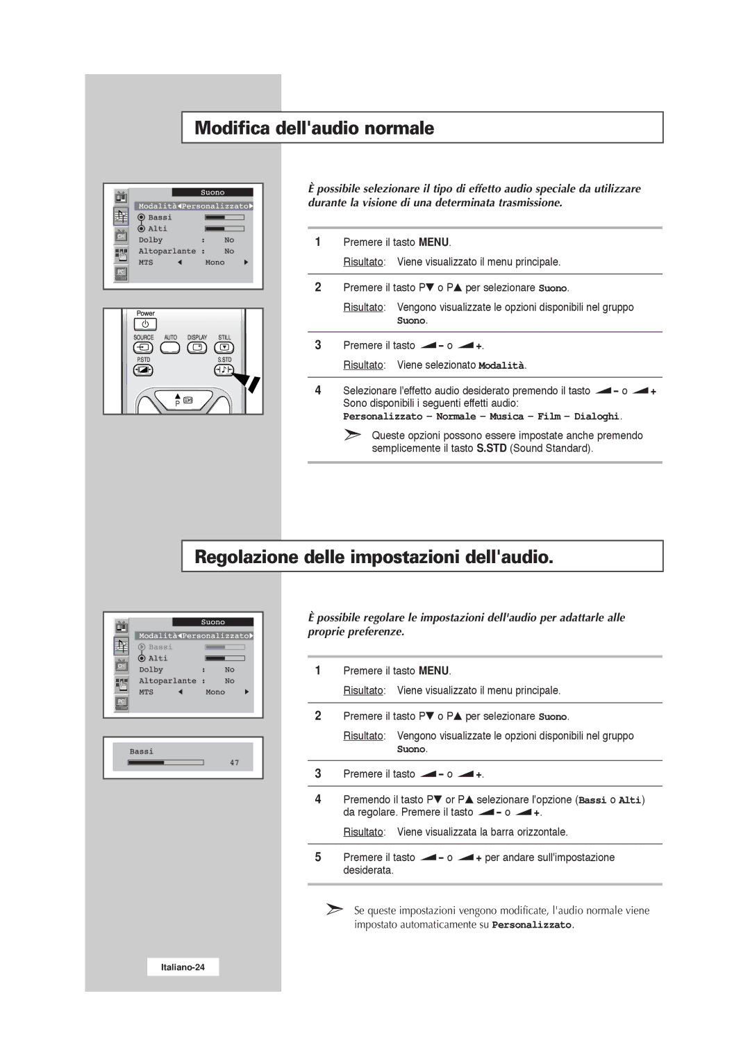 Samsung RS21ASSSW/EDC manual Modifica dellaudio normale, Regolazione delle impostazioni dellaudio, Suono 