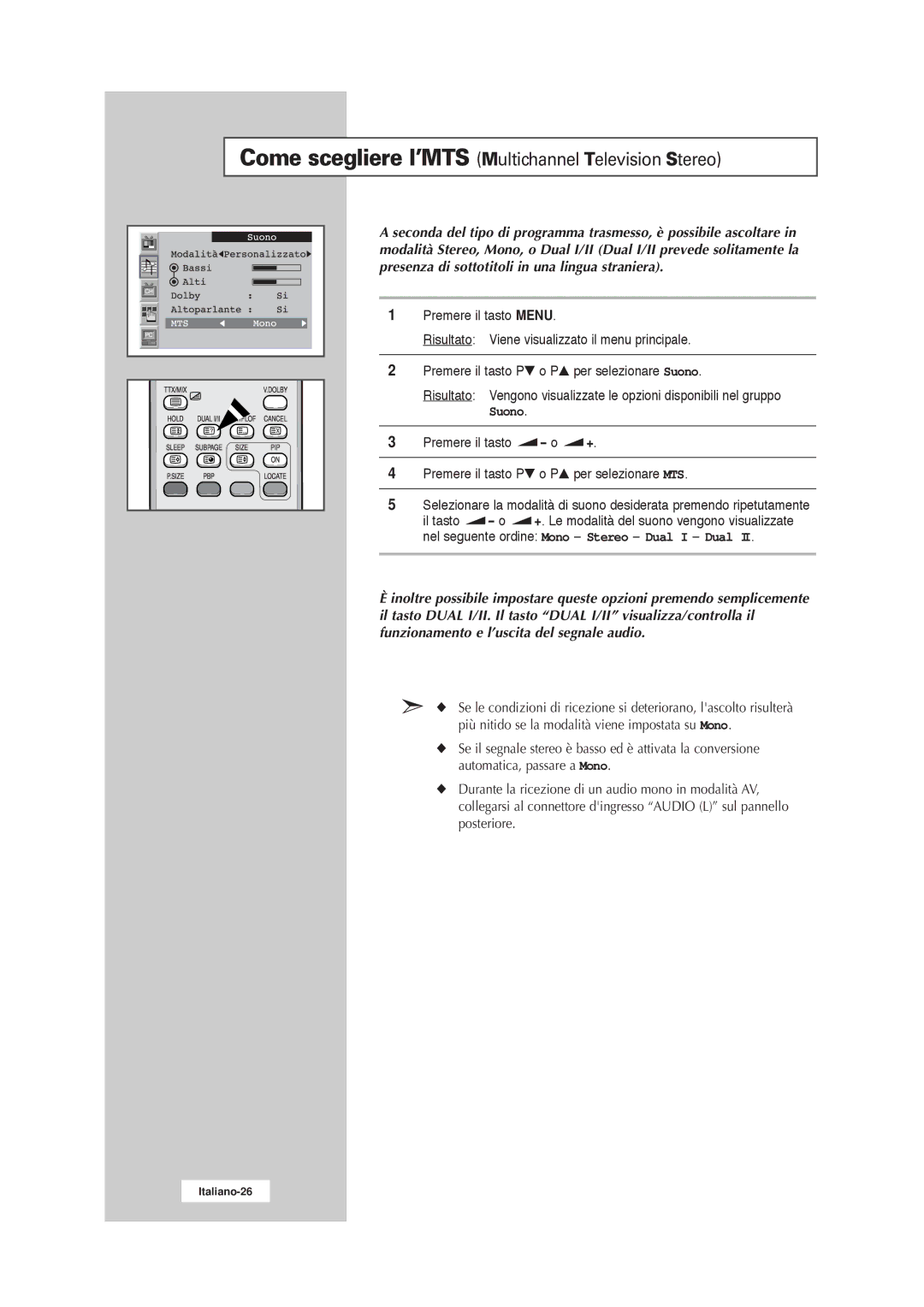 Samsung RS21ASSSW/EDC manual Come scegliere l’MTS Multichannel Television Stereo 