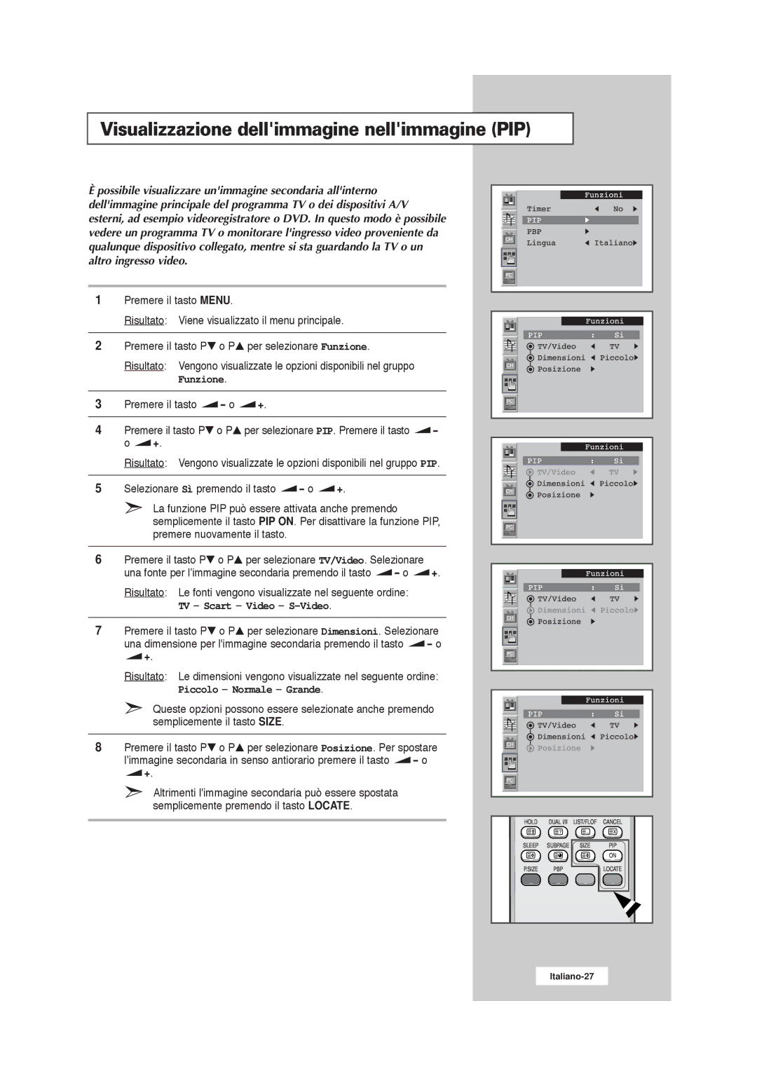 Samsung RS21ASSSW/EDC manual Visualizzazione dellimmagine nellimmagine PIP, Funzione, TV Scart Video S-Video 