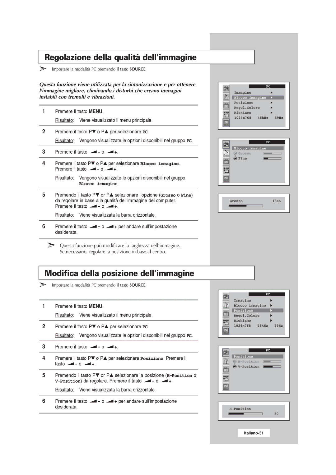 Samsung RS21ASSSW/EDC manual Regolazione della qualità dellimmagine, Modifica della posizione dellimmagine, Blocco immagine 