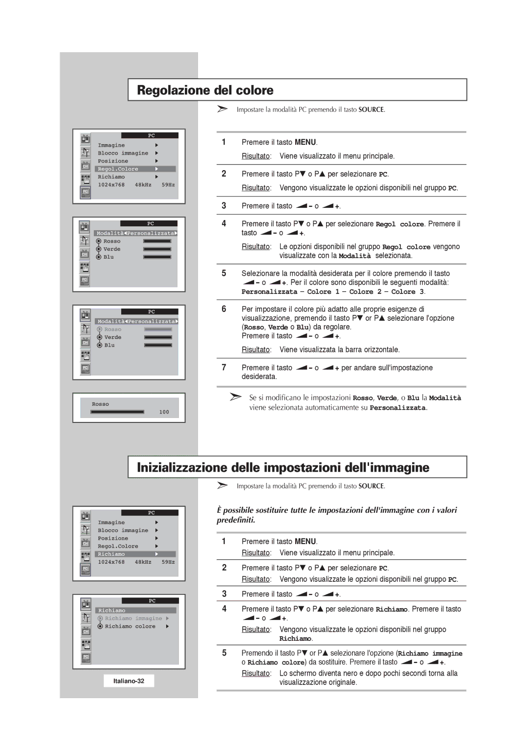 Samsung RS21ASSSW/EDC manual Regolazione del colore, Inizializzazione delle impostazioni dellimmagine, Richiamo 