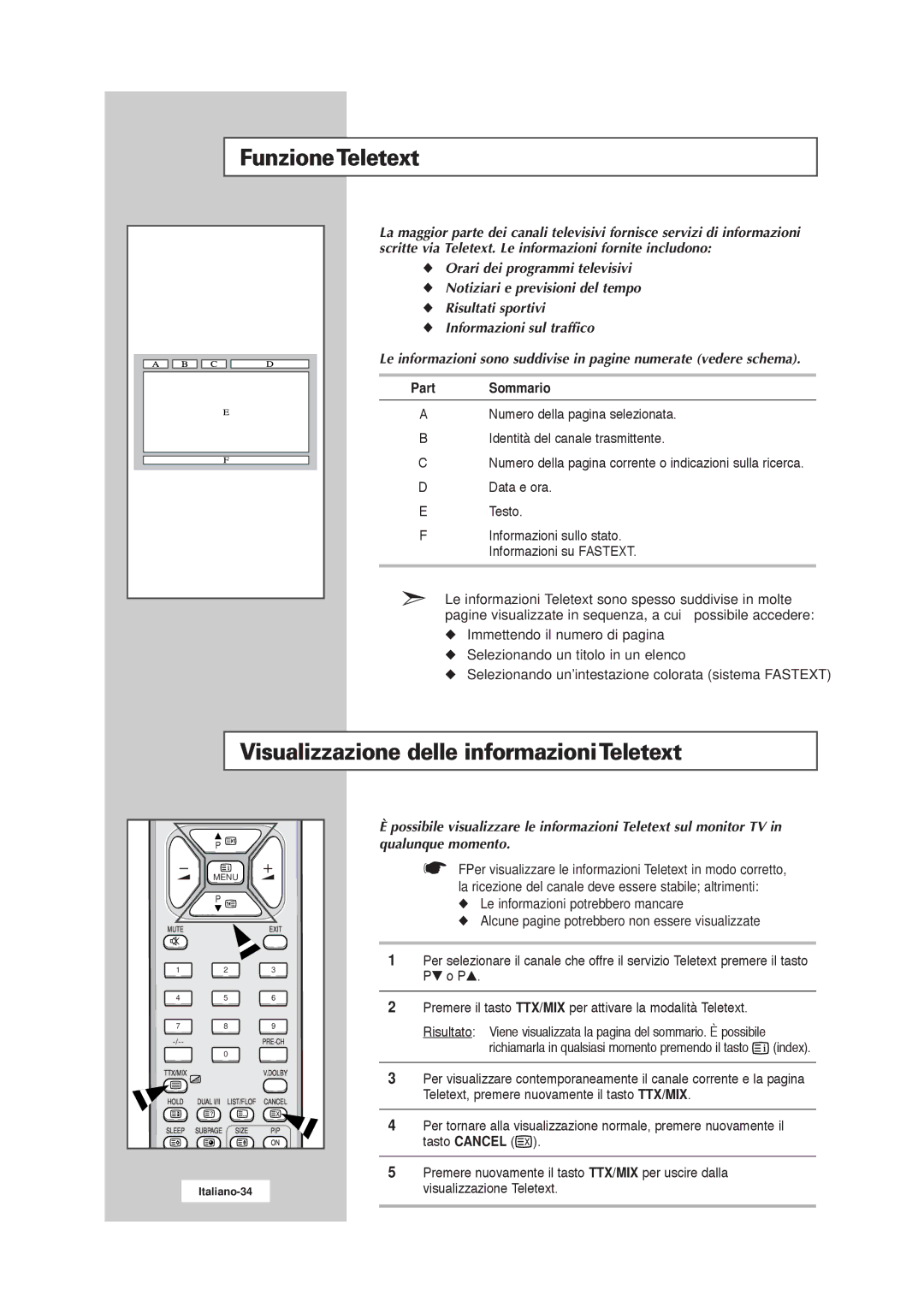 Samsung RS21ASSSW/EDC manual FunzioneTeletext, Visualizzazione delle informazioniTeletext, Sommario 