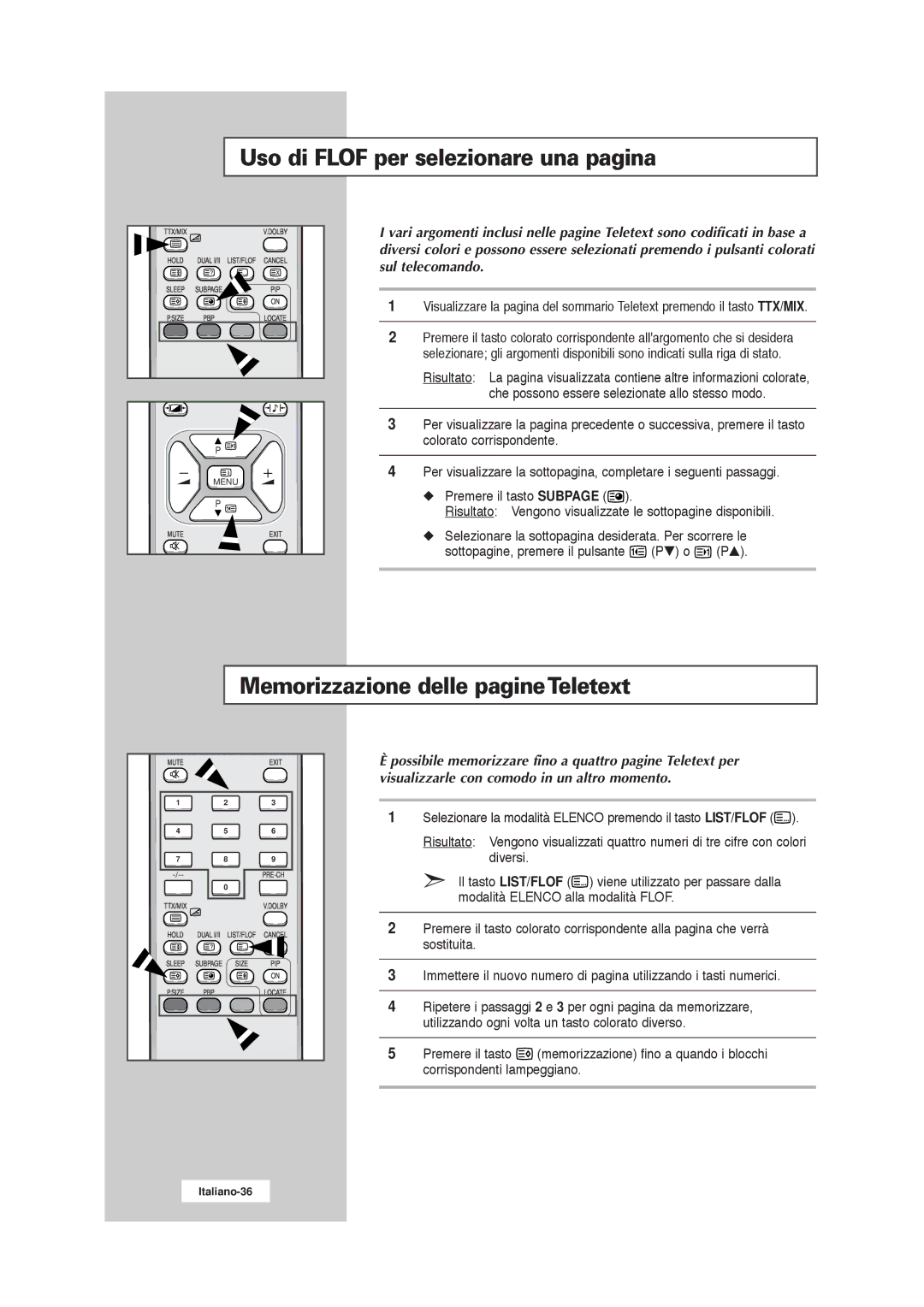 Samsung RS21ASSSW/EDC manual Uso di Flof per selezionare una pagina, Memorizzazione delle pagineTeletext 