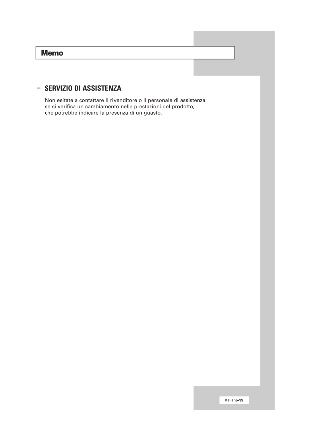 Samsung RS21ASSSW/EDC manual Memo, Servizio DI Assistenza 