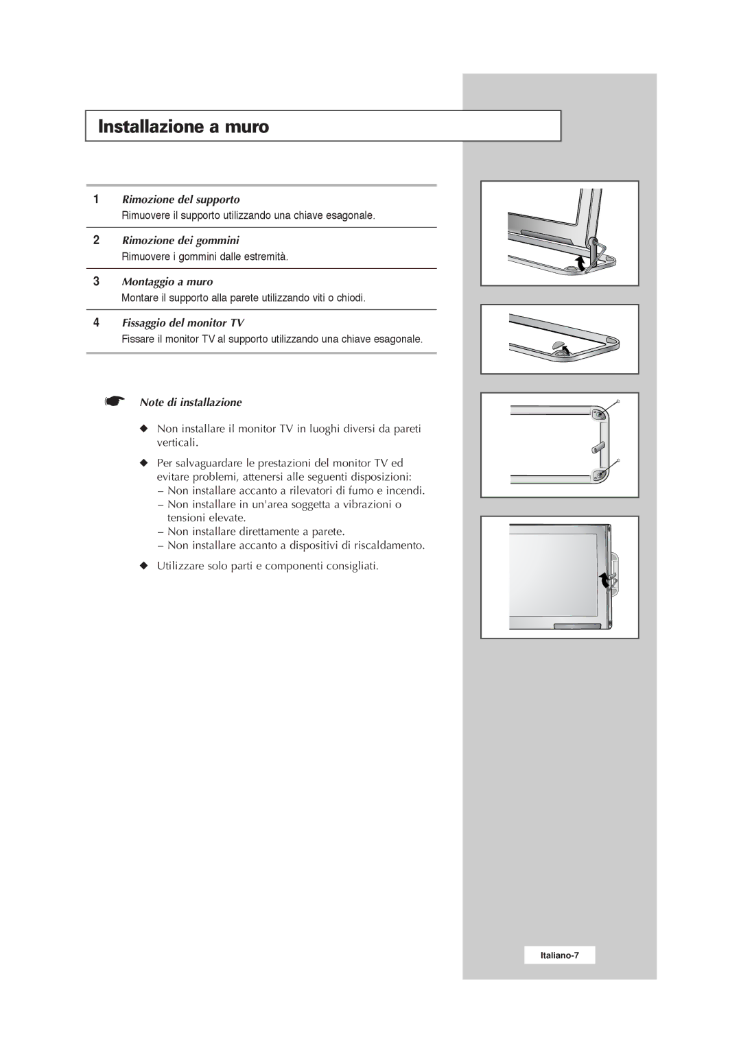 Samsung RS21ASSSW/EDC manual Installazione a muro, Fissaggio del monitor TV 