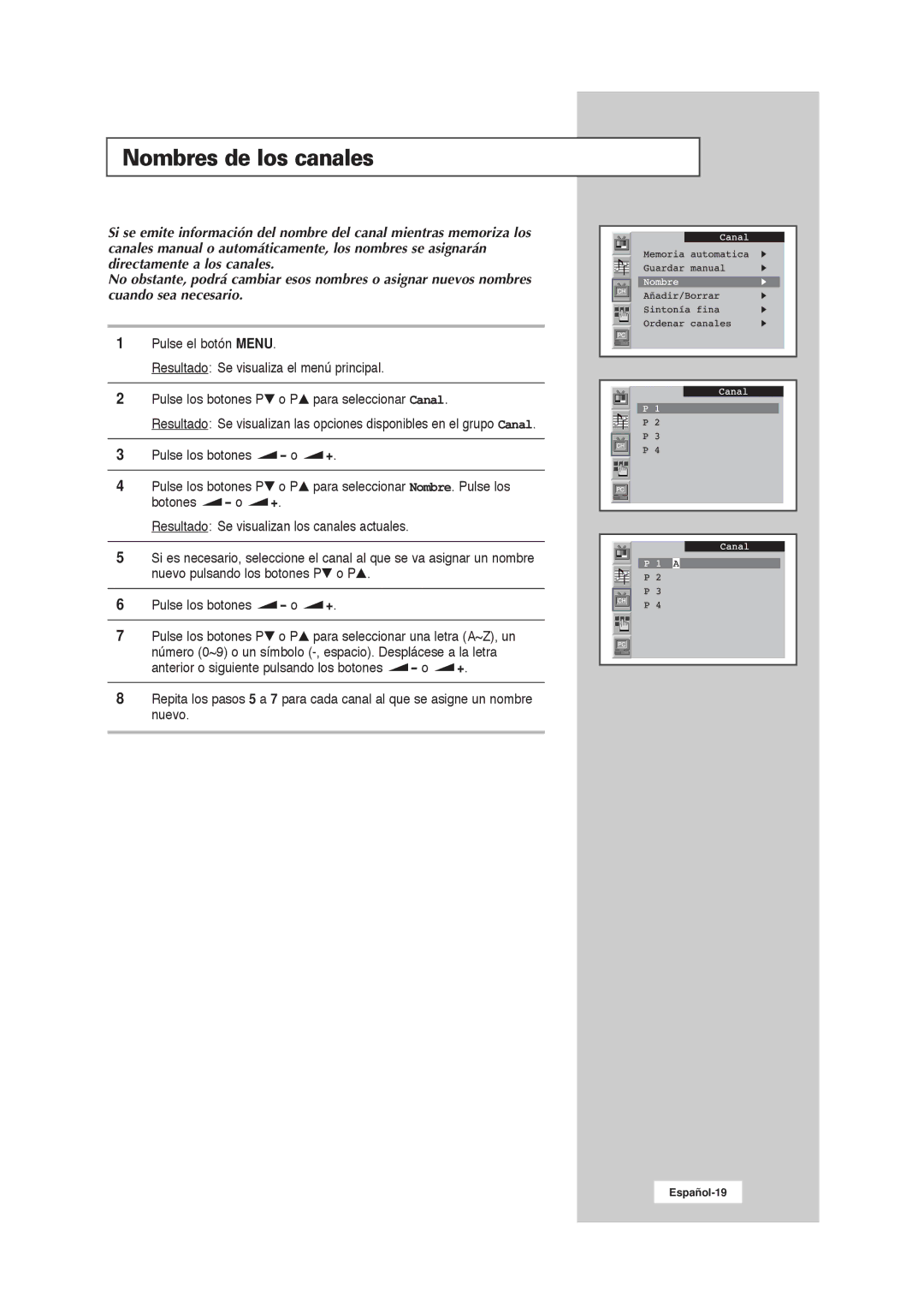 Samsung RS21ASSSW/EDC manual Nombres de los canales 