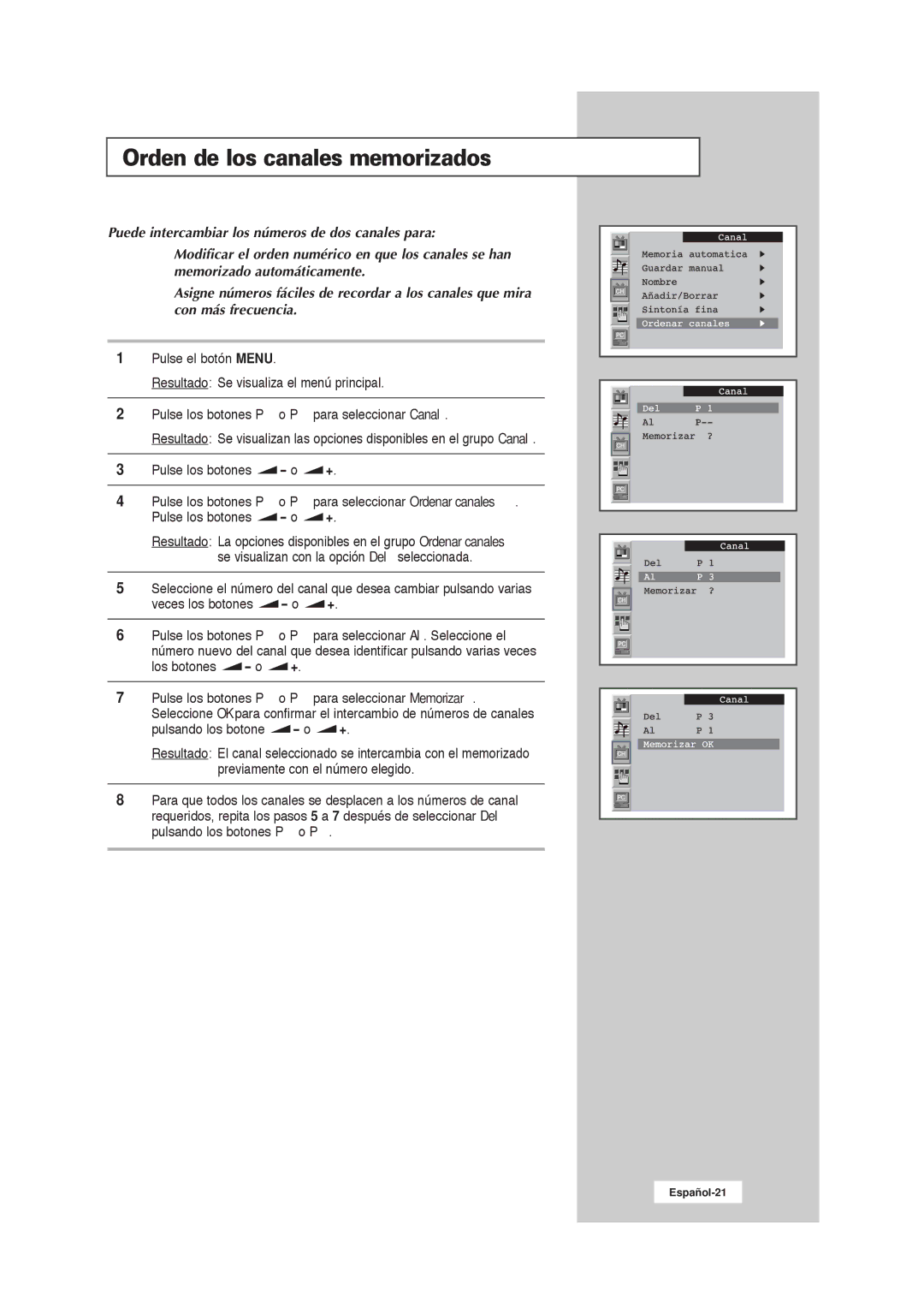 Samsung RS21ASSSW/EDC manual Orden de los canales memorizados 