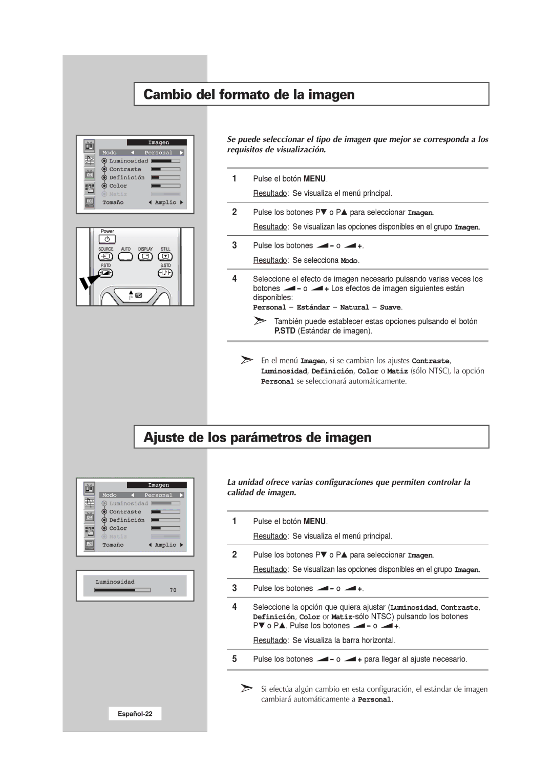 Samsung RS21ASSSW/EDC Cambio del formato de la imagen, Ajuste de los parámetros de imagen, Personal Estándar Natural Suave 