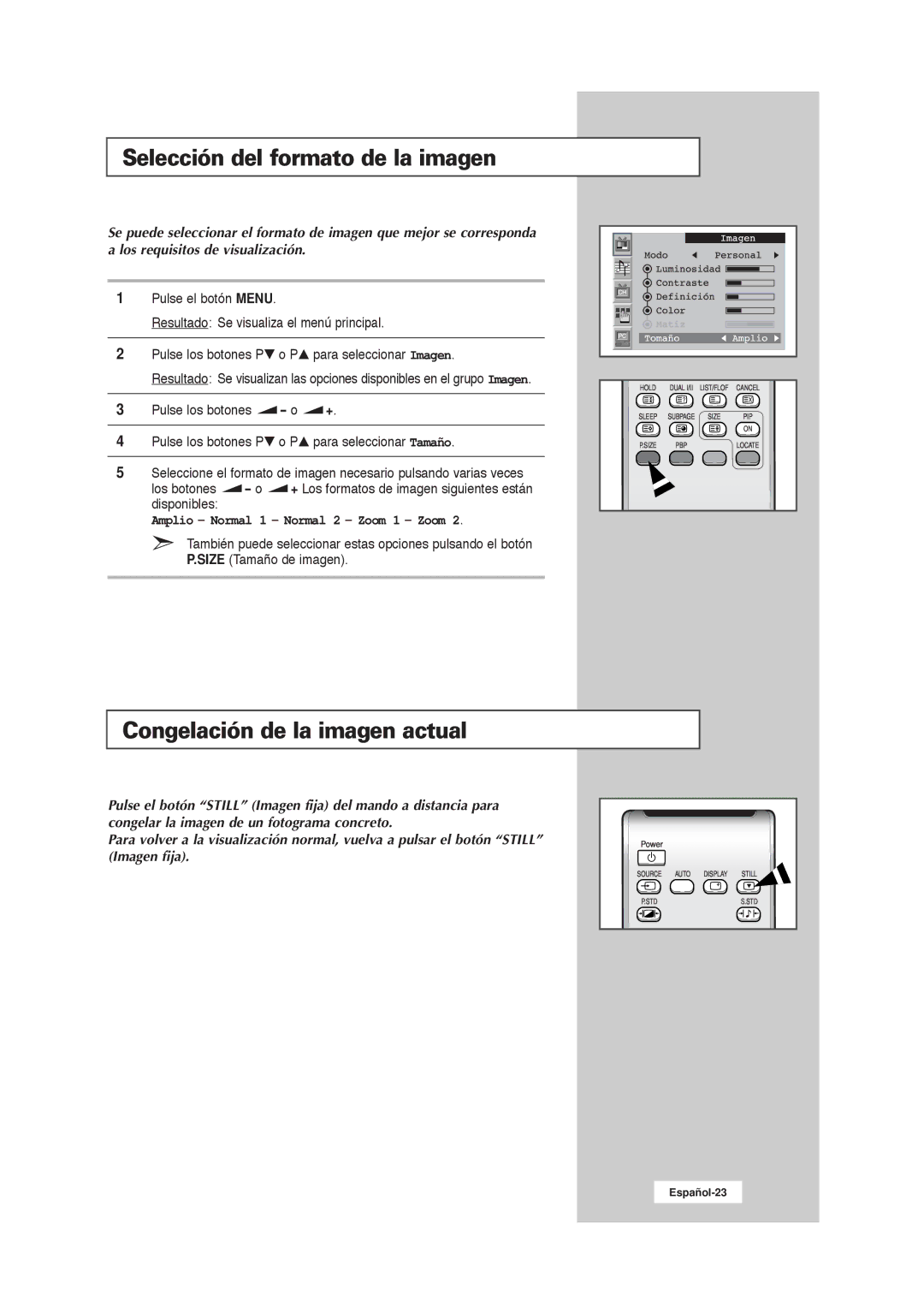 Samsung RS21ASSSW/EDC manual Selección del formato de la imagen, Congelación de la imagen actual 