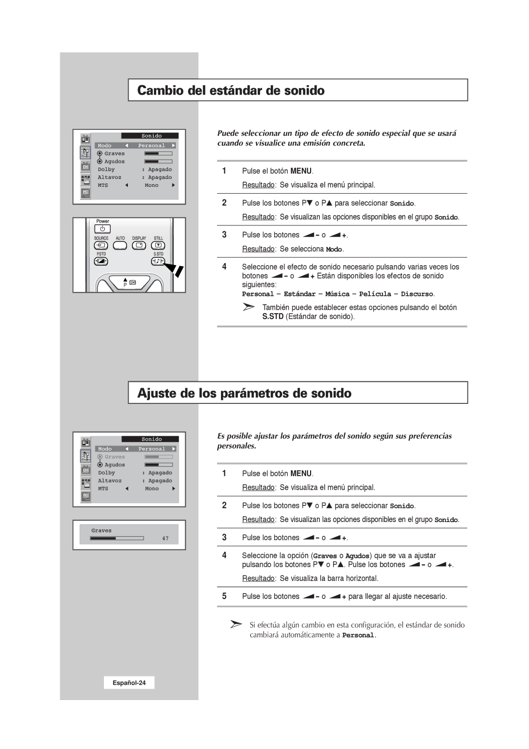 Samsung RS21ASSSW/EDC manual Cambio del estándar de sonido, Ajuste de los parámetros de sonido 