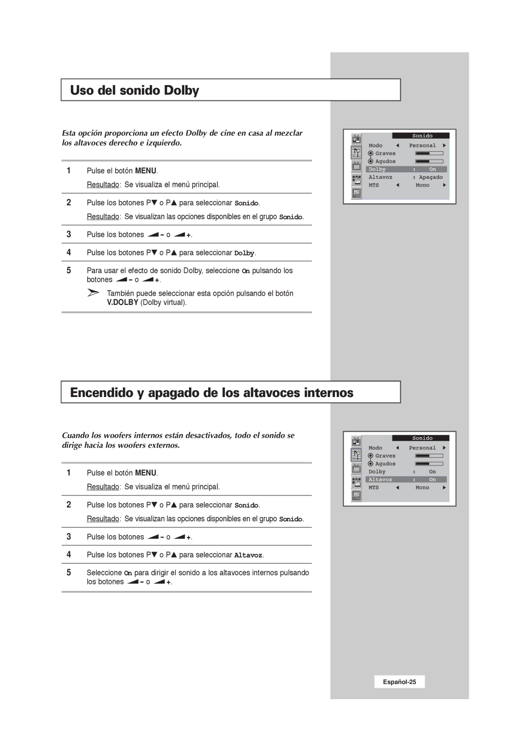 Samsung RS21ASSSW/EDC manual Uso del sonido Dolby, Encendido y apagado de los altavoces internos 