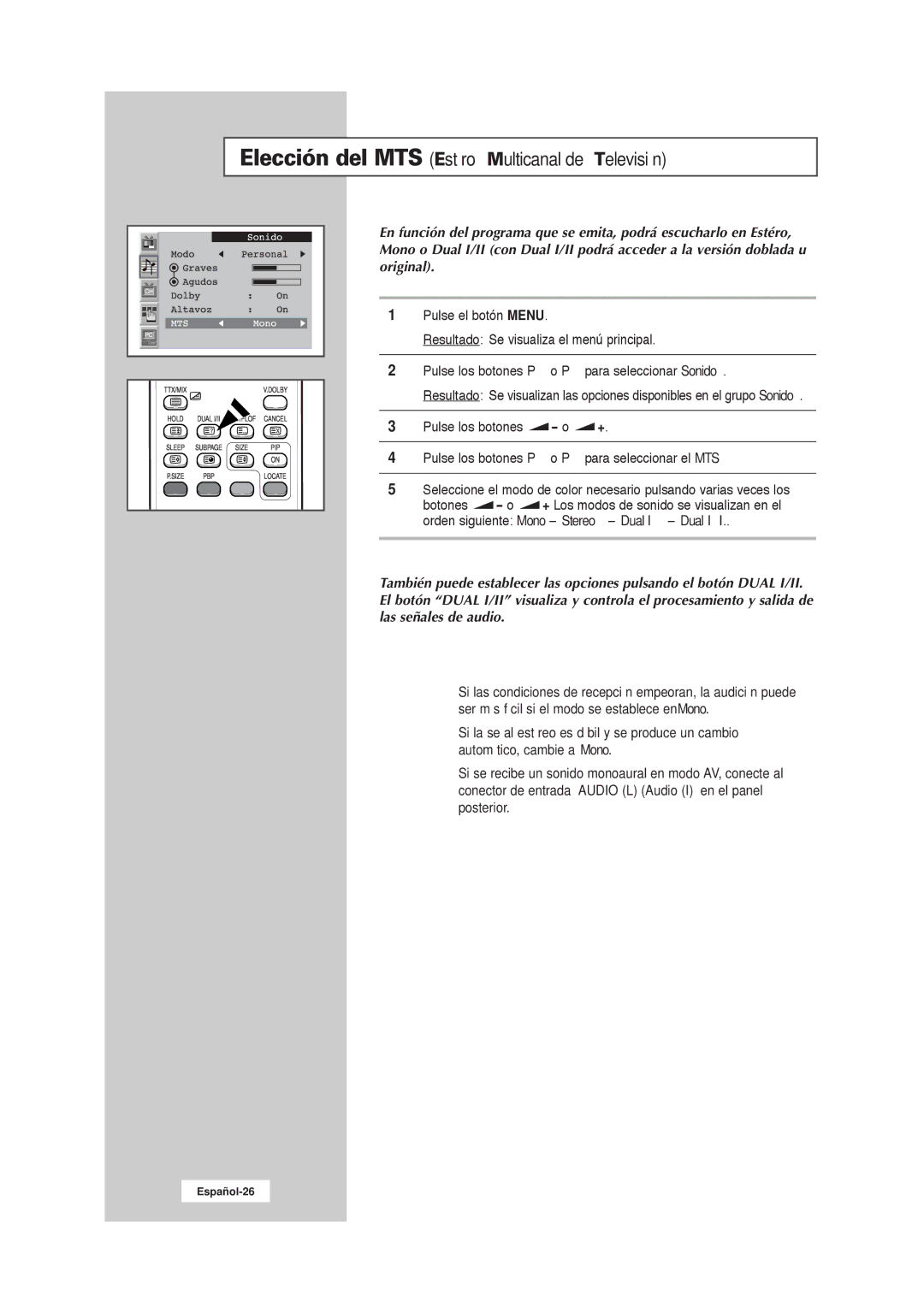 Samsung RS21ASSSW/EDC manual Elección del MTS Estéro Multicanal de Televisión 